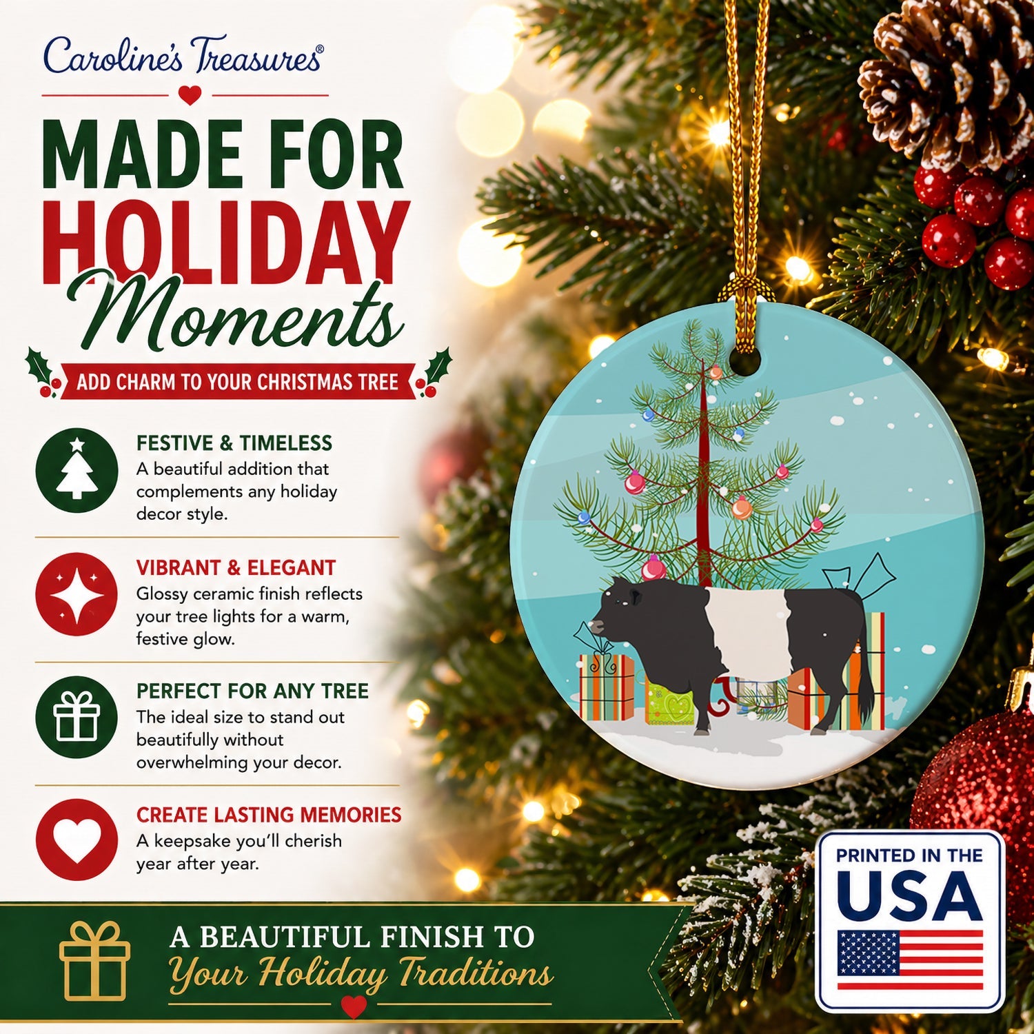 Belted Galloway Cow Christmas Ceramic Ornament Christmas Tree Hanging Decorations for Home Christmas Holiday, Party, Gift, 3 in, Multicolor