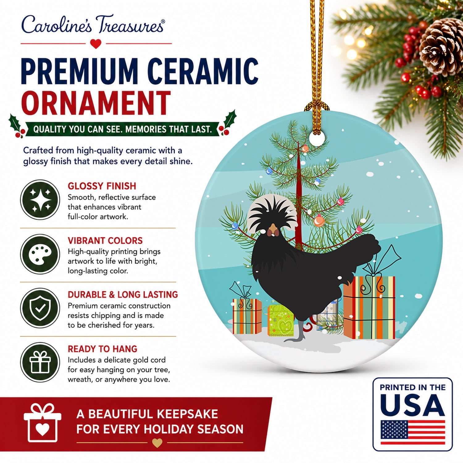 Polish Poland Chicken Christmas Ceramic Ornament Christmas Tree Hanging Decorations for Home Christmas Holiday, Party, Gift, 3 in, Multicolor