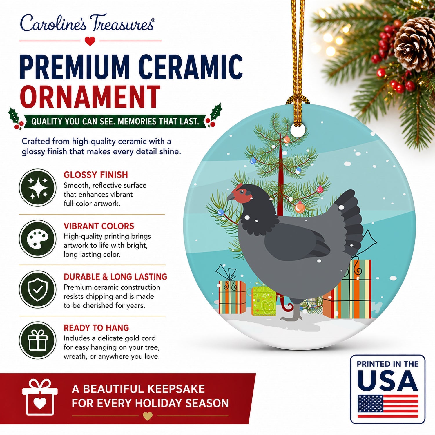 Jersey Giant Chicken Christmas Ceramic Ornament Christmas Tree Hanging Decorations for Home Christmas Holiday, Party, Gift, 3 in, Multicolor