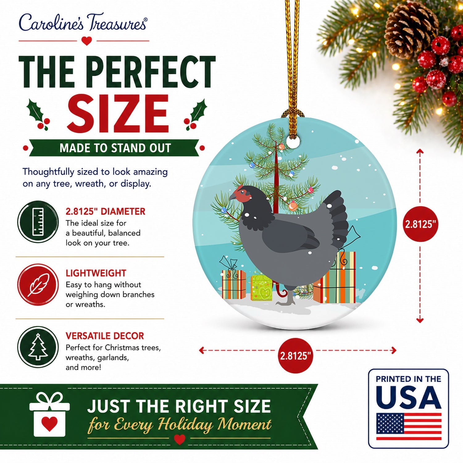 Jersey Giant Chicken Christmas Ceramic Ornament Christmas Tree Hanging Decorations for Home Christmas Holiday, Party, Gift, 3 in, Multicolor