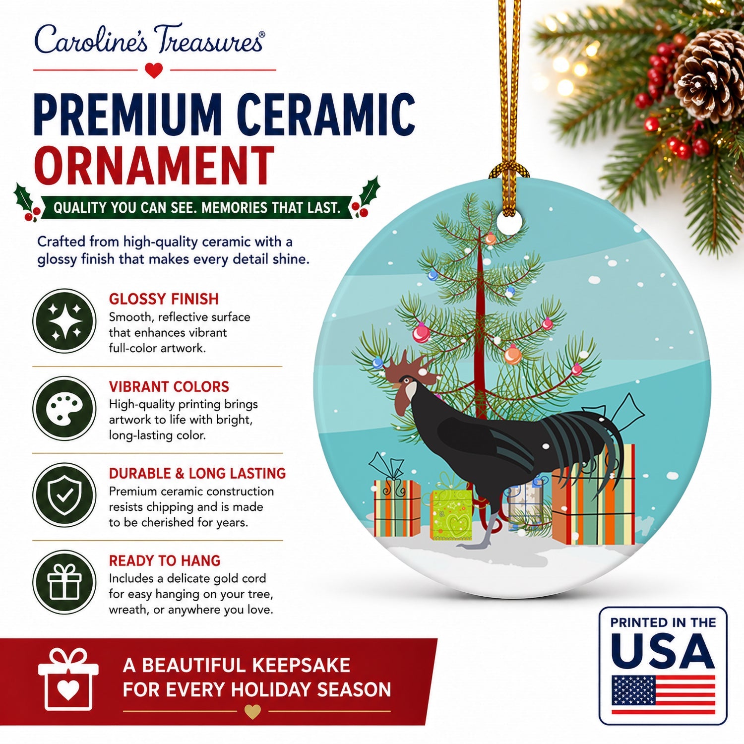 Minorca Ctalalan Chicken Christmas Ceramic Ornament Christmas Tree Hanging Decorations for Home Christmas Holiday, Party, Gift, 3 in, Multicolor