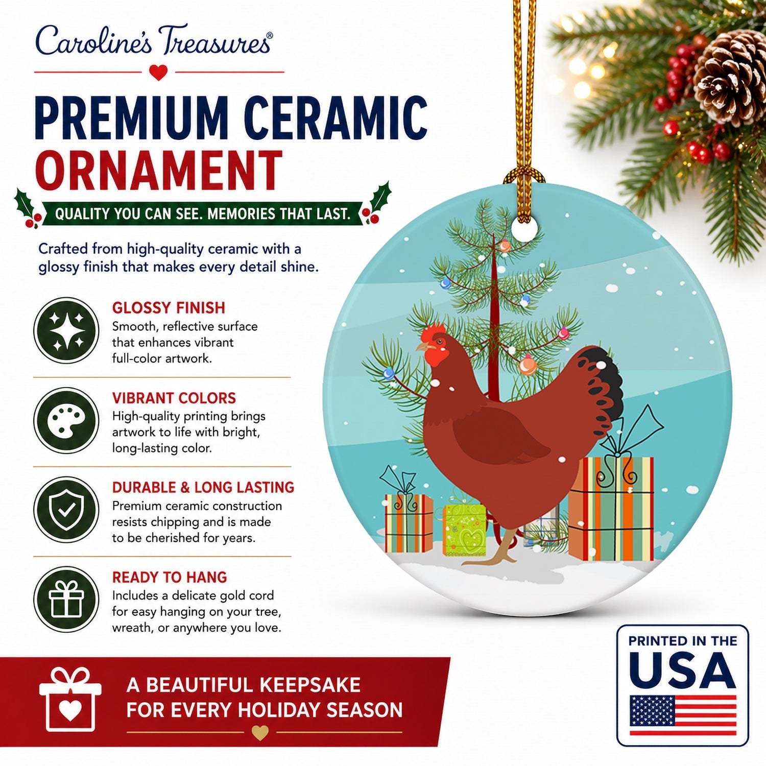 New Hampshire Red Chicken Christmas Ceramic Ornament Christmas Tree Hanging Decorations for Home Christmas Holiday, Party, Gift, 3 in, Multicolor