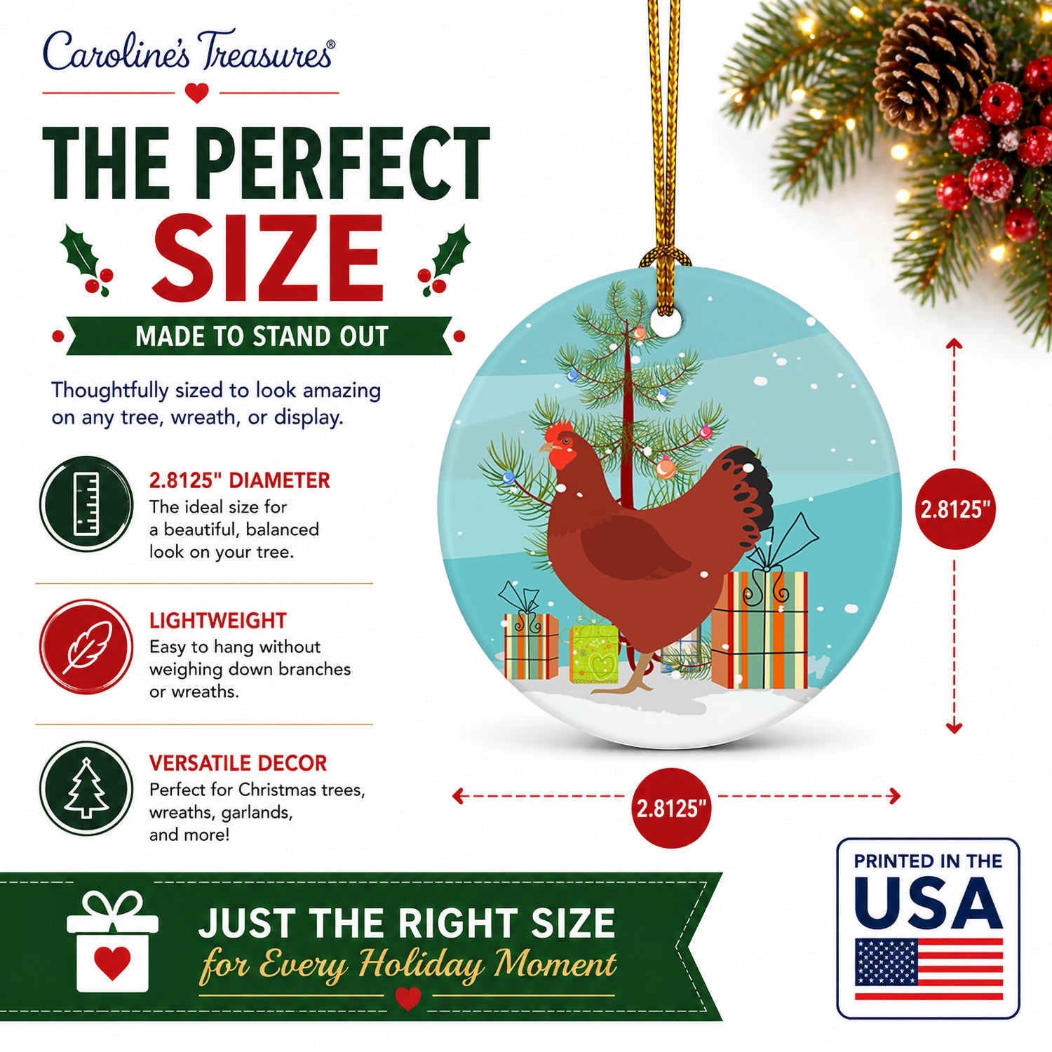 New Hampshire Red Chicken Christmas Ceramic Ornament Christmas Tree Hanging Decorations for Home Christmas Holiday, Party, Gift, 3 in, Multicolor