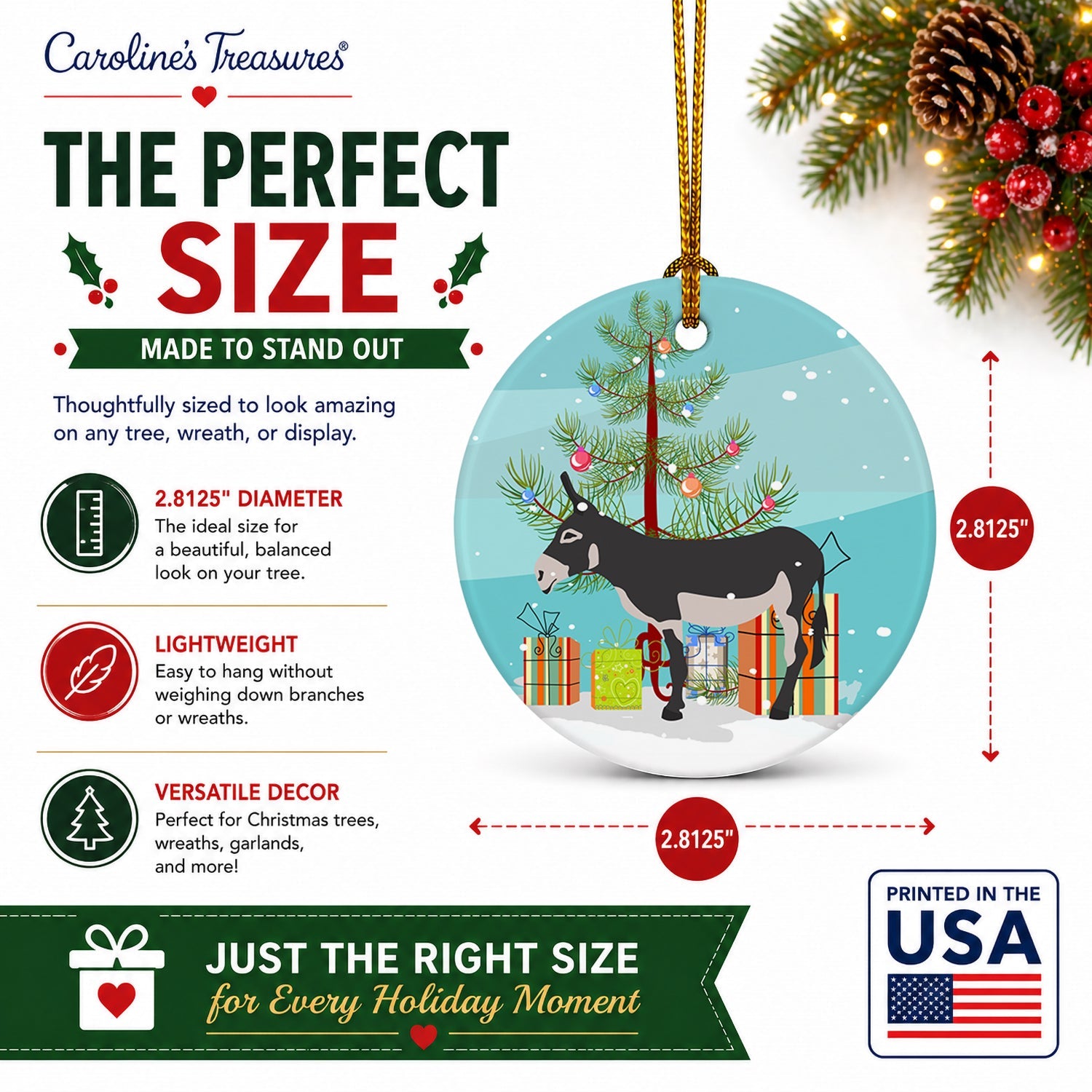 American Mammoth Jack Donkey Christmas Ceramic Ornament Christmas Tree Hanging Decorations for Home Christmas Holiday, Party, Gift, 3 in, Multicolor
