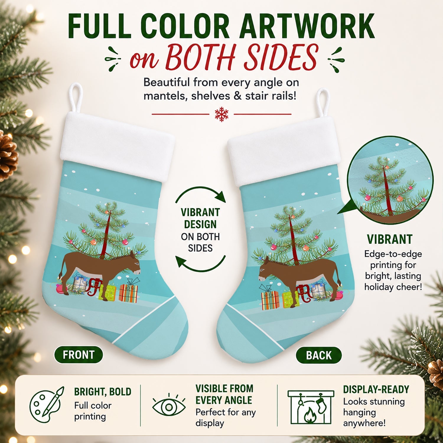 Cotentin Donkey Christmas Holiday Stocking Double-Sided Print, Polyester Suede,11x18, Made in USA