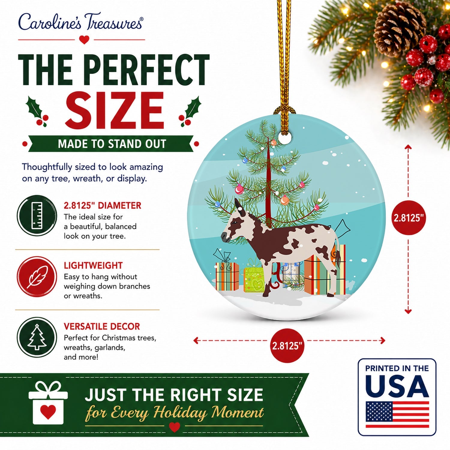 American Spotted Donkey Christmas Ceramic Ornament Christmas Tree Hanging Decorations for Home Christmas Holiday, Party, Gift, 3 in, Multicolor