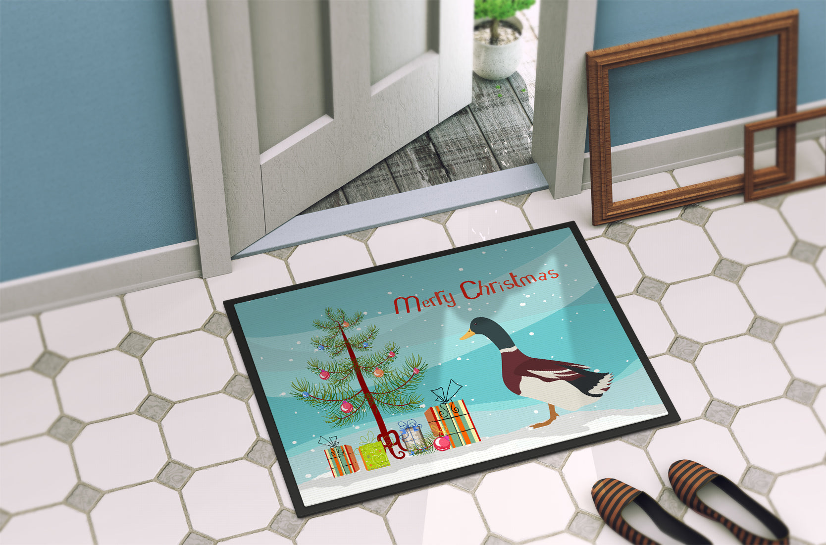 Rouen Duck Christmas Doormat Indoor Outdoor 18H X 27W Front Door Mat Rugs for Entryway, Non Slip Washable