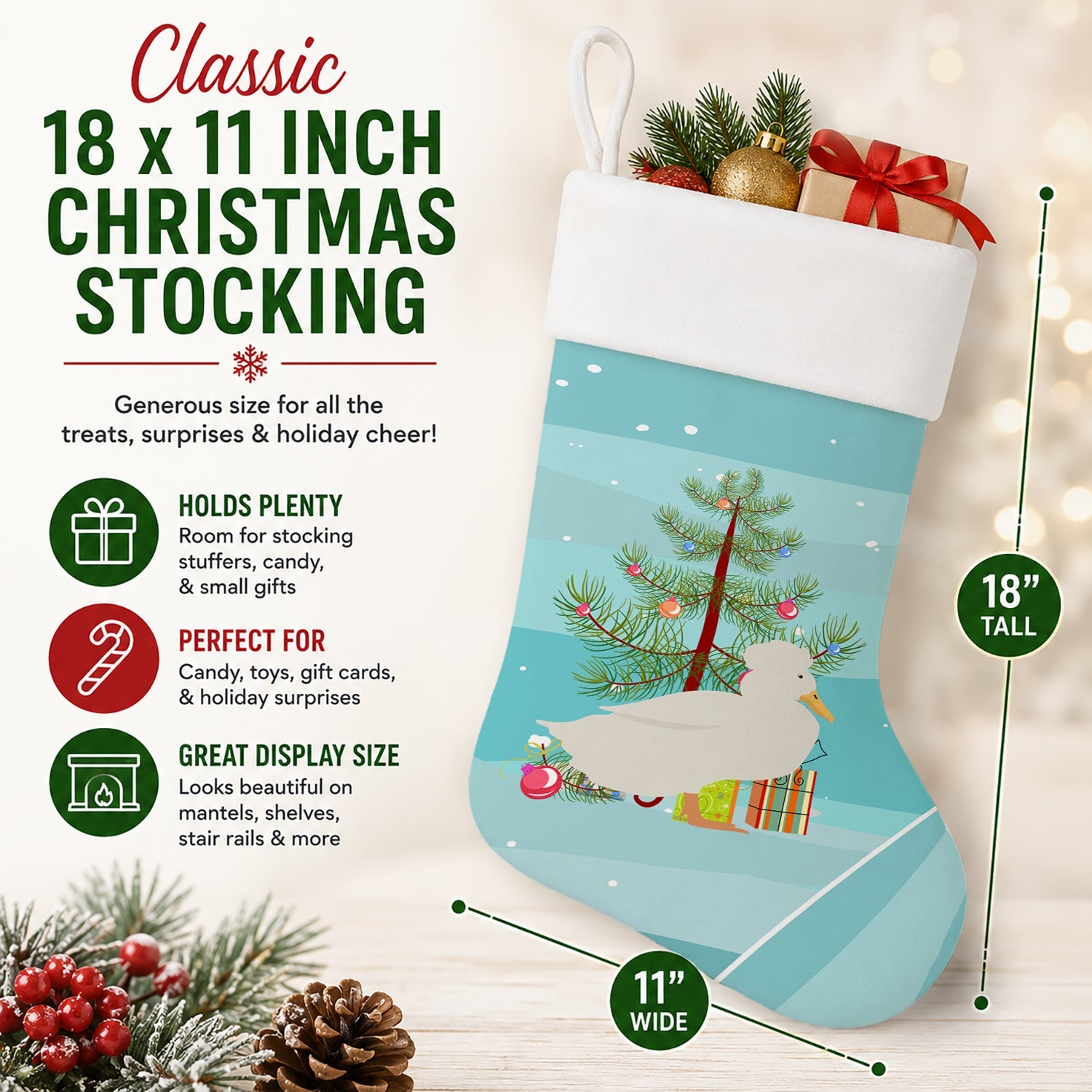 Crested Duck Christmas Holiday Stocking Double-Sided Print, Polyester Suede,11x18, Made in USA