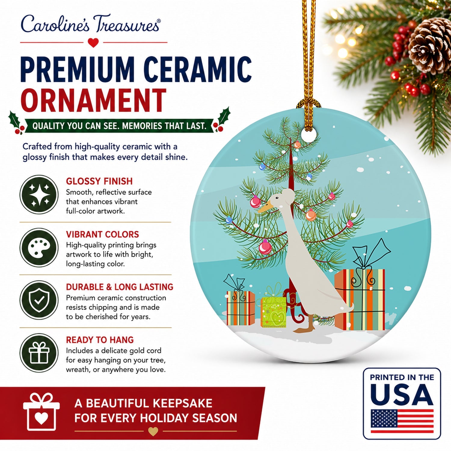 Bali Duck Christmas Ceramic Ornament Christmas Tree Hanging Decorations for Home Christmas Holiday, Party, Gift, 3 in, Multicolor