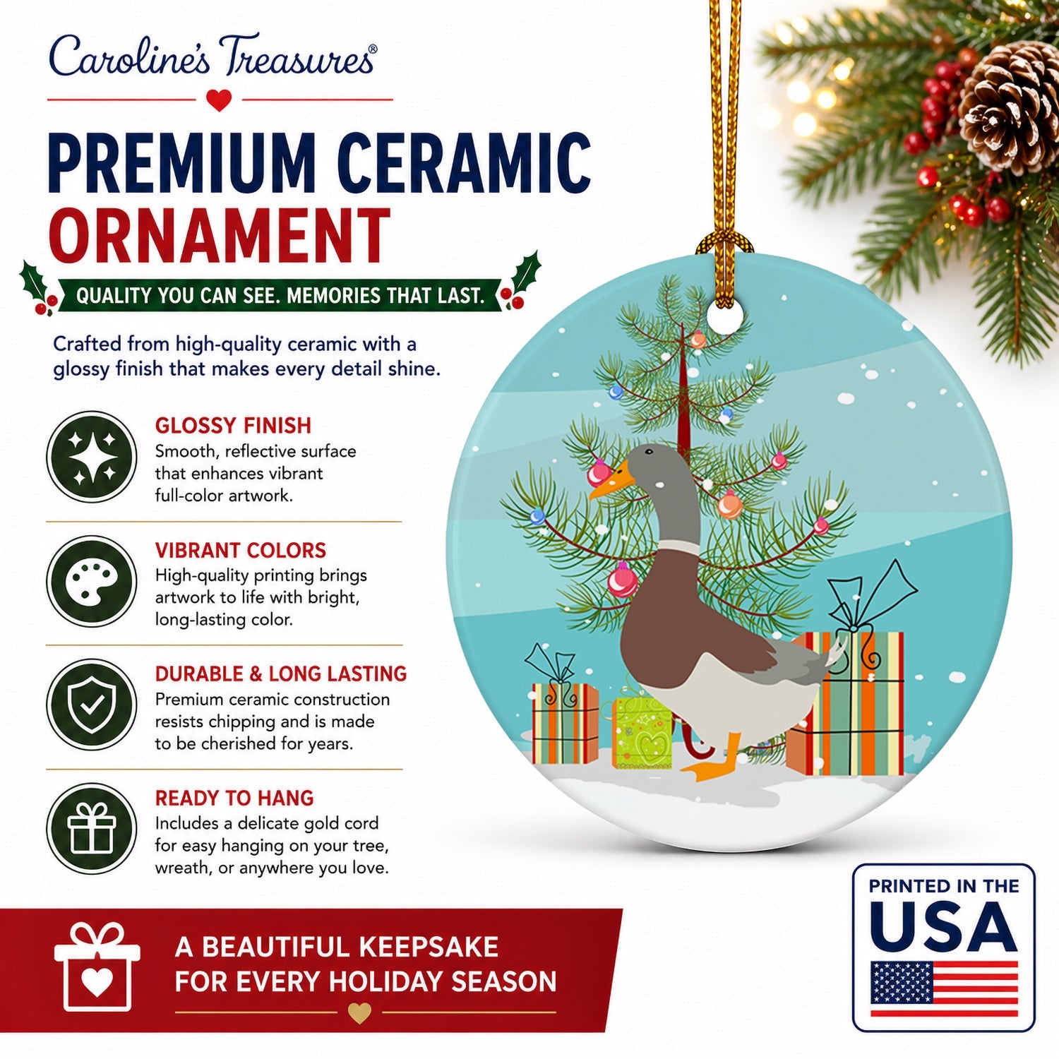 Saxony Sachsenente Duck Christmas Ceramic Ornament Christmas Tree Hanging Decorations for Home Christmas Holiday, Party, Gift, 3 in, Multicolor
