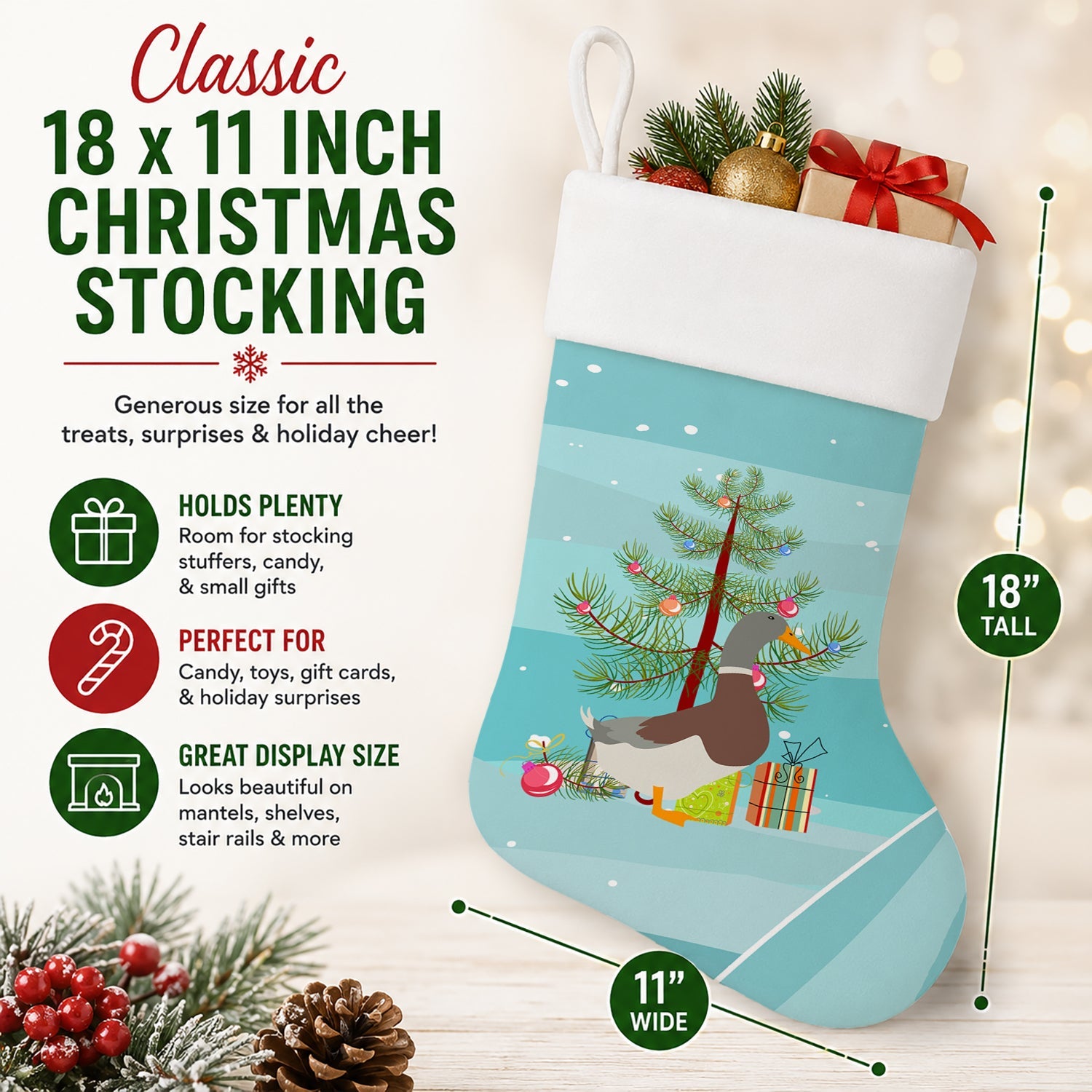 Saxony Sachsenente Duck Christmas Holiday Stocking Double-Sided Print, Polyester Suede,11x18, Made in USA