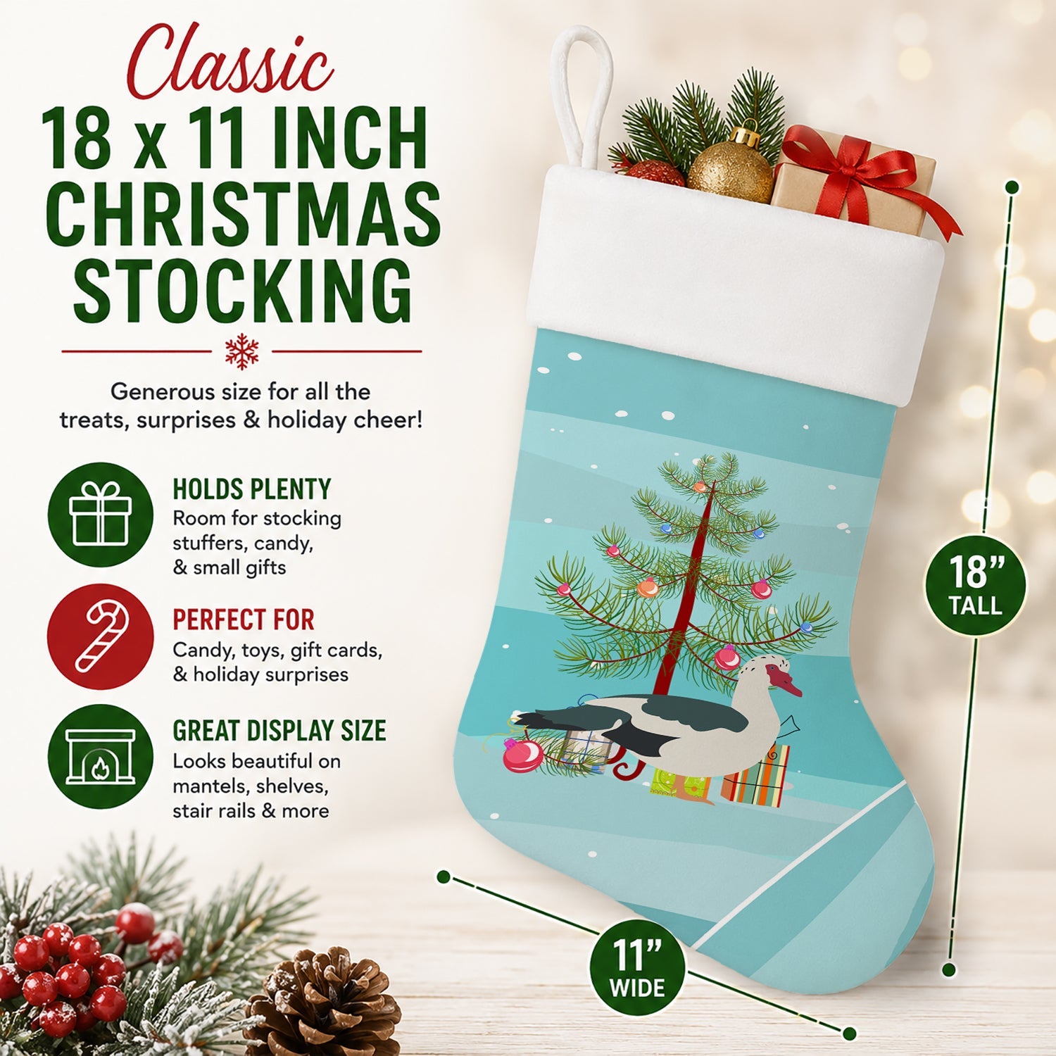 Muscovy Duck Christmas Holiday Stocking Double-Sided Print, Polyester Suede,11x18, Made in USA