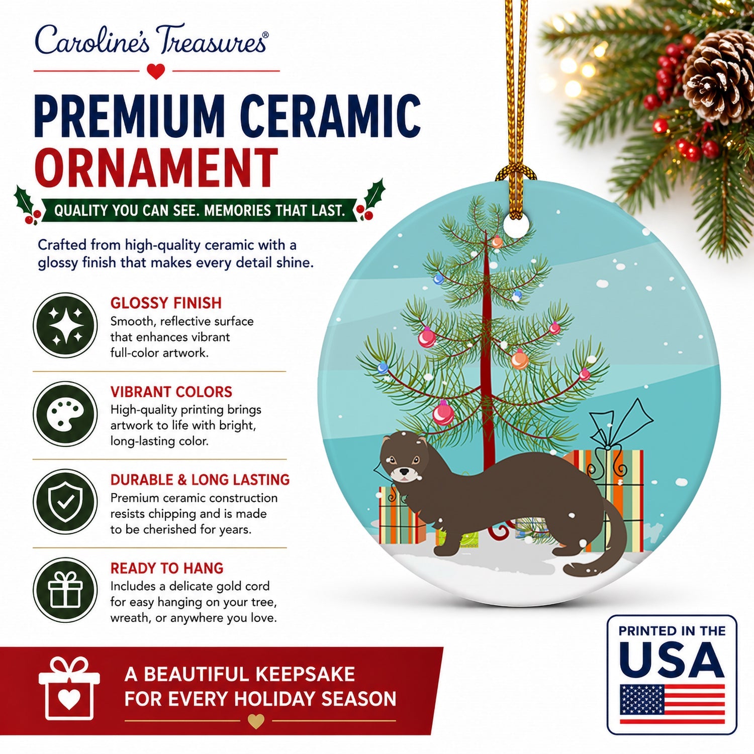 Russian or European Mink Christmas Ceramic Ornament Christmas Tree Hanging Decorations for Home Christmas Holiday, Party, Gift, 3 in, Multicolor