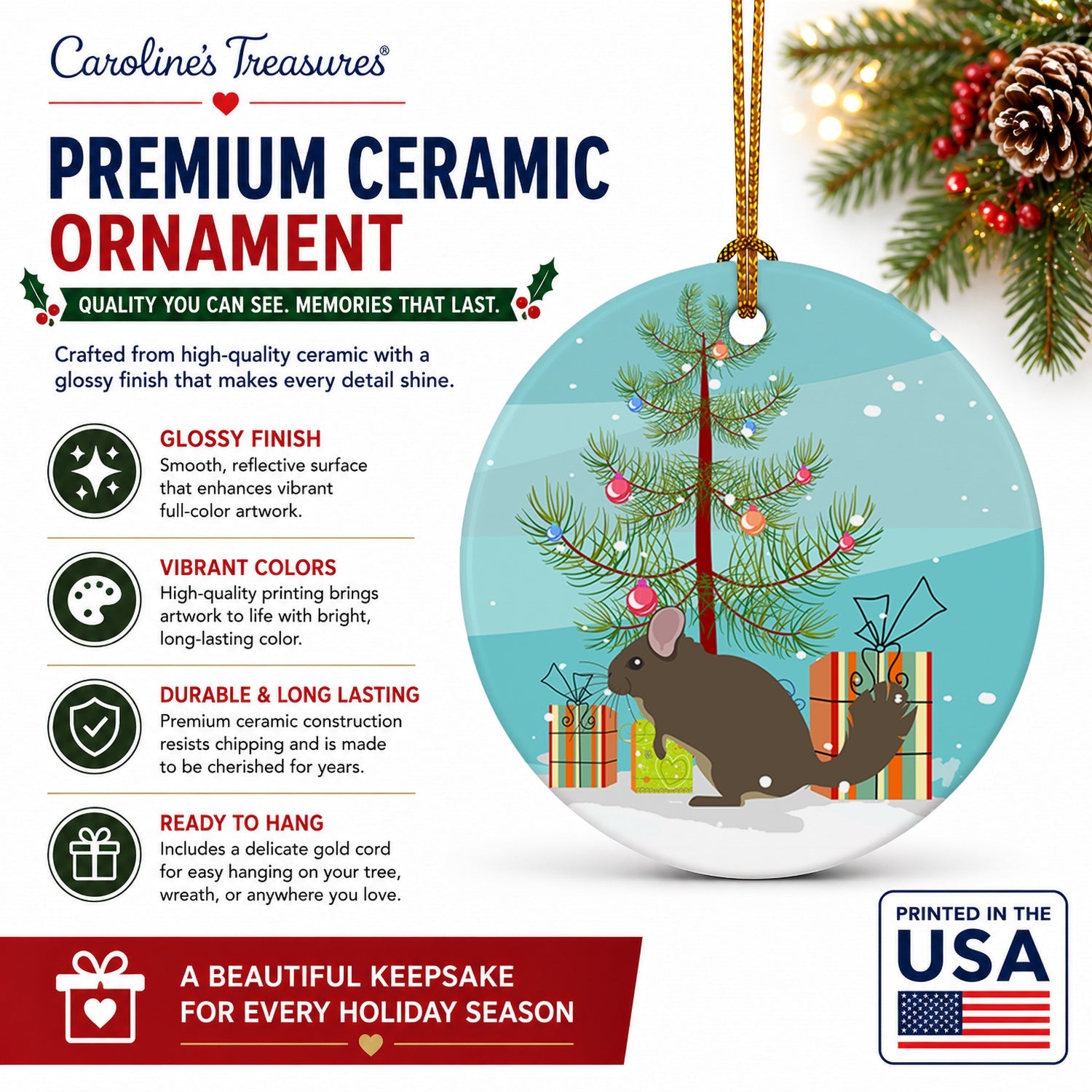 Chinchilla Christmas Ceramic Ornament Christmas Tree Hanging Decorations for Home Christmas Holiday, Party, Gift, 3 in, Multicolor