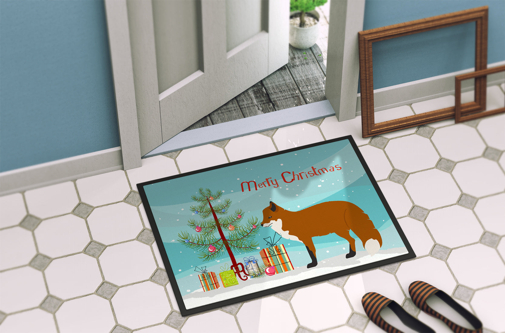 Red Fox Christmas Doormat Indoor Outdoor 18H X 27W Front Door Mat Rugs for Entryway, Non Slip Washable