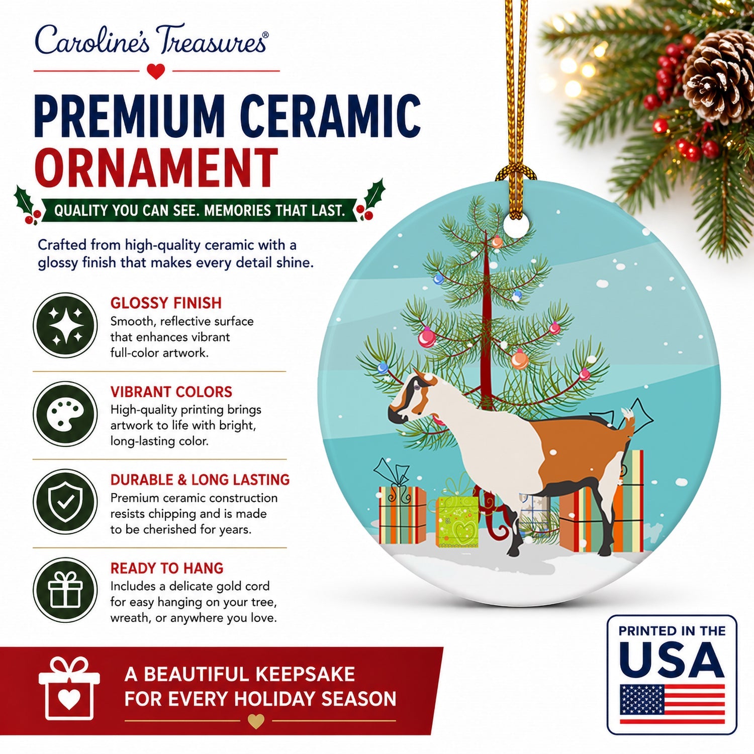 Alpine Goat Christmas Ceramic Ornament Christmas Tree Hanging Decorations for Home Christmas Holiday, Party, Gift, 3 in, Multicolor