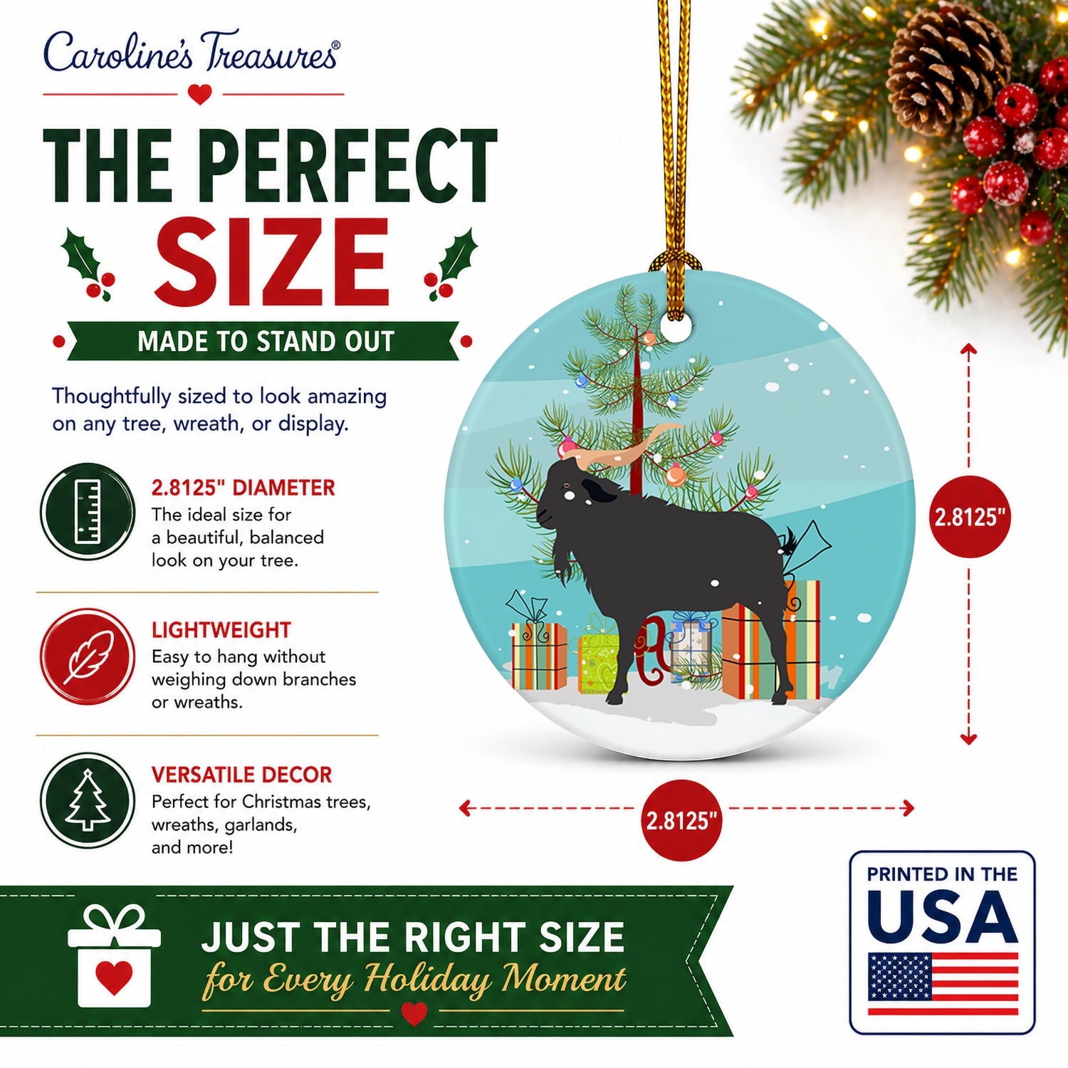 Verata Goat Christmas Ceramic Ornament Christmas Tree Hanging Decorations for Home Christmas Holiday, Party, Gift, 3 in, Multicolor