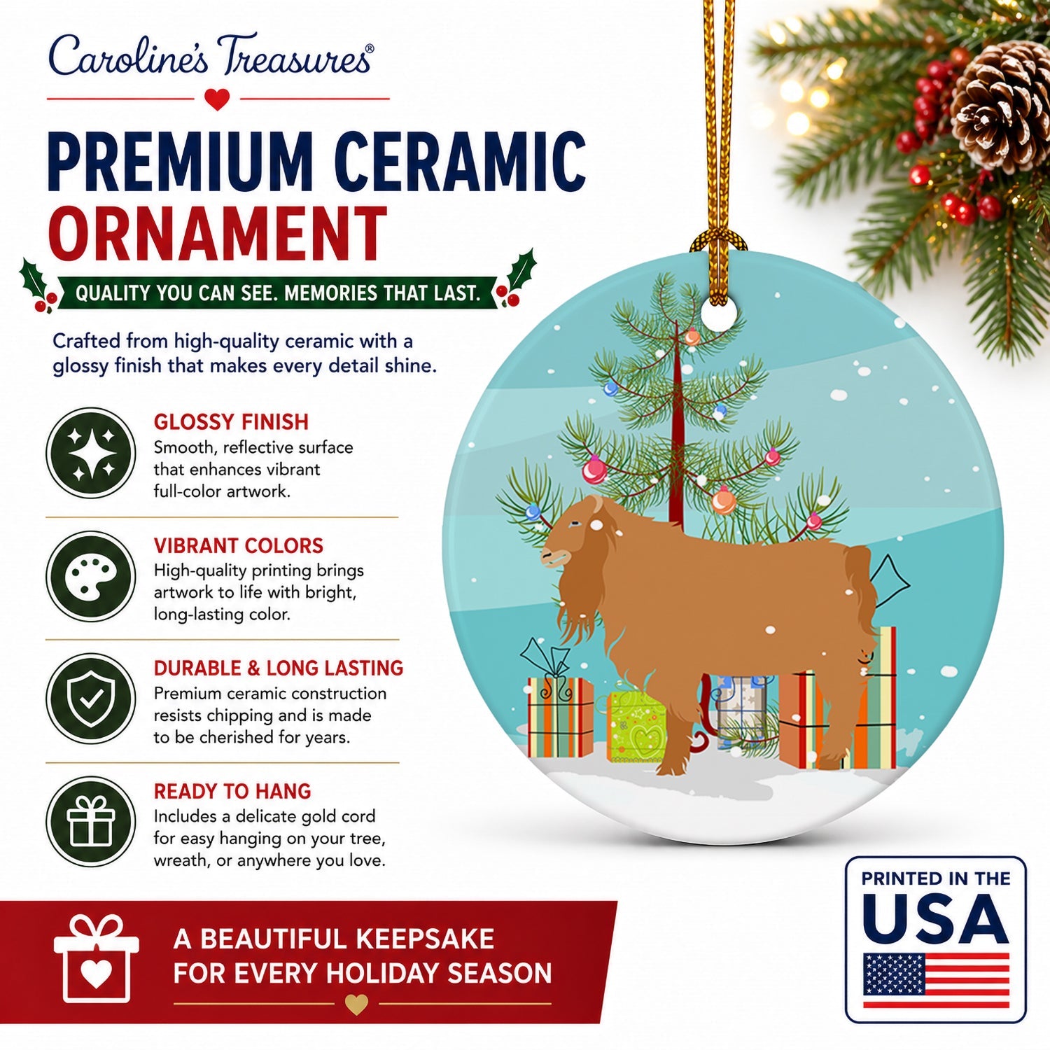 American Lamancha Goat Christmas Ceramic Ornament Christmas Tree Hanging Decorations for Home Christmas Holiday, Party, Gift, 3 in, Multicolor