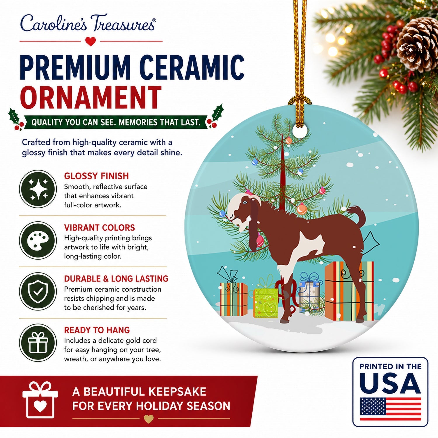 Jamnapari Goat Christmas Ceramic Ornament Christmas Tree Hanging Decorations for Home Christmas Holiday, Party, Gift, 3 in, Multicolor
