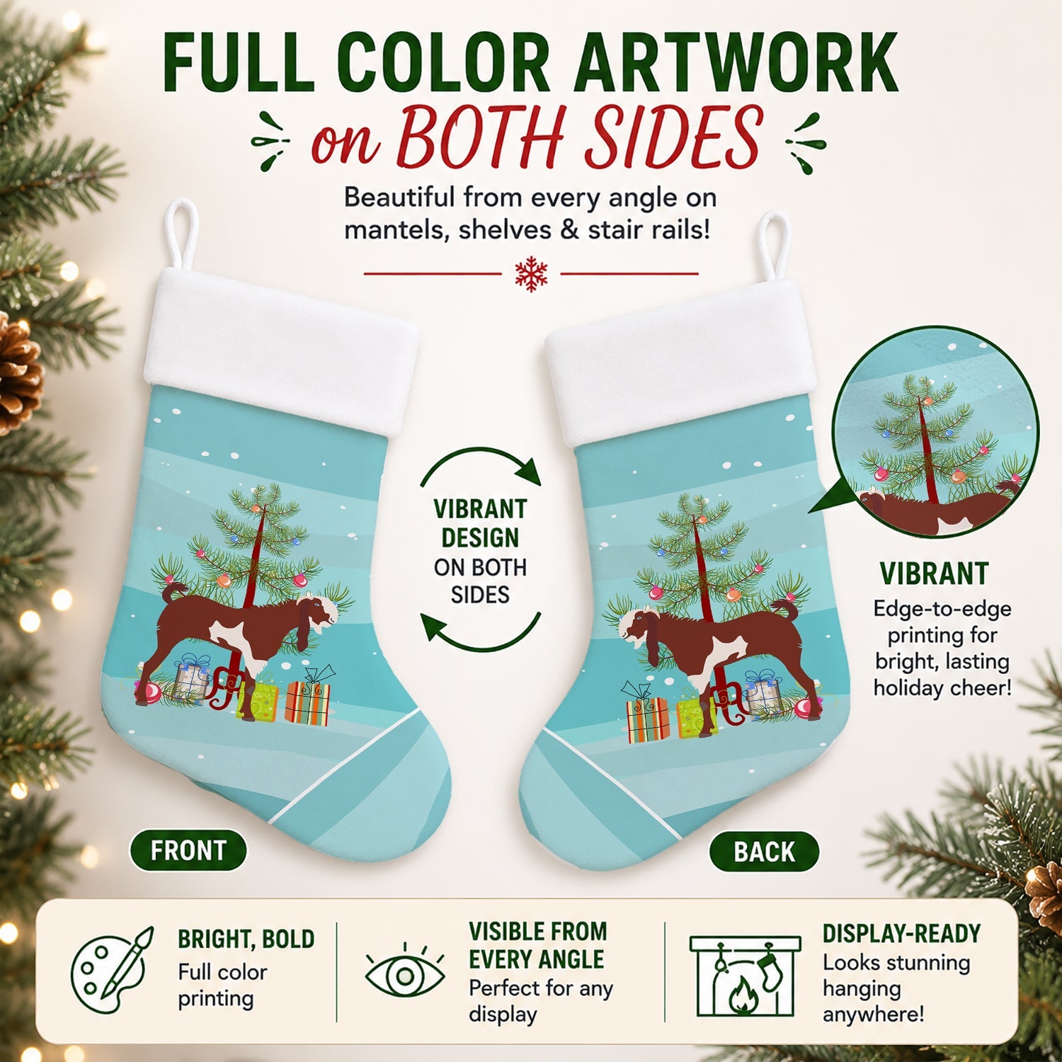 Jamnapari Goat Christmas Holiday Stocking Double-Sided Print, Polyester Suede,11x18, Made in USA
