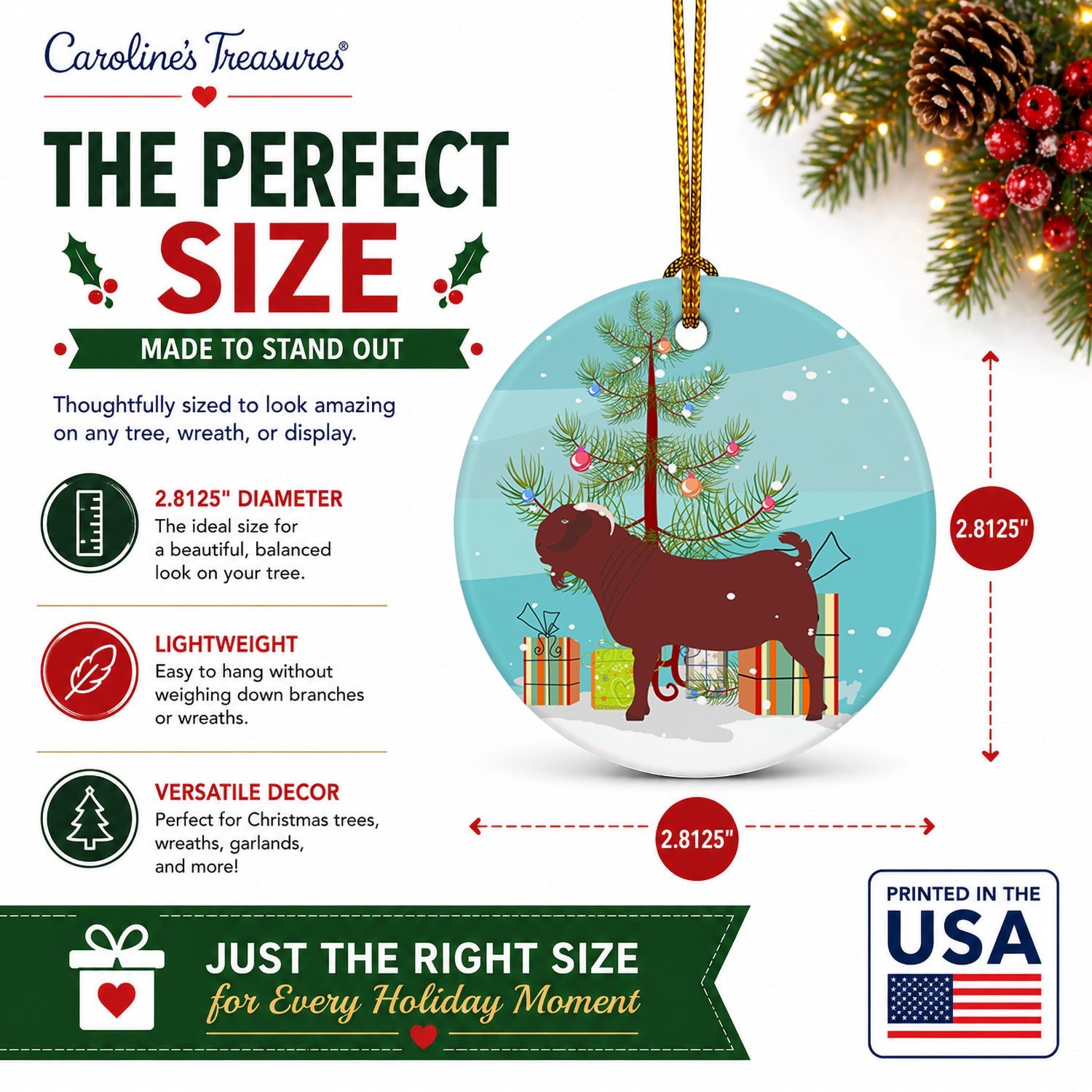 Kalahari Red Goat Christmas Ceramic Ornament Christmas Tree Hanging Decorations for Home Christmas Holiday, Party, Gift, 3 in, Multicolor