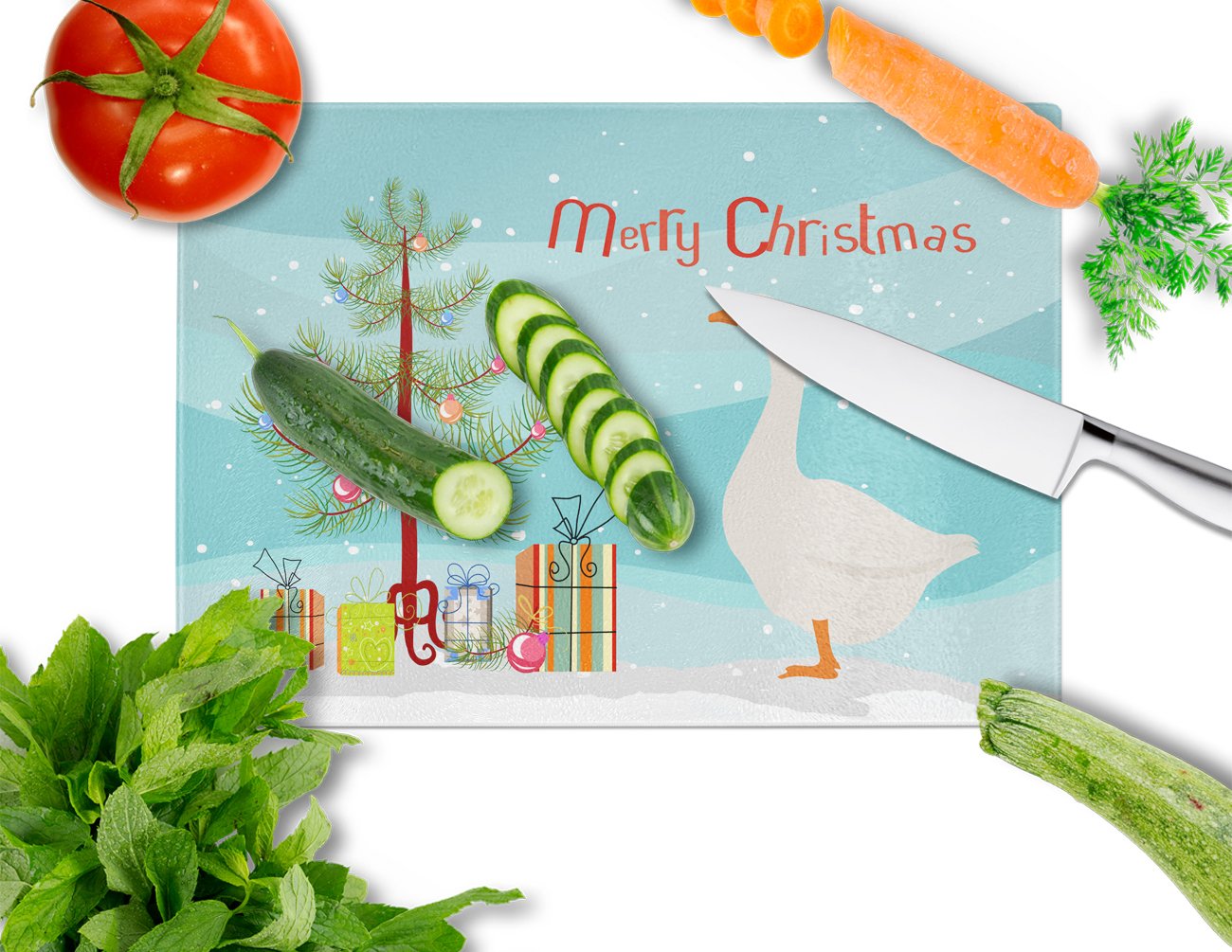 Embden Goose Christmas Cutting Board Tempered Glass Kitchen Cutting Surface, Heat Resistant Chopping, Non-Slip Feet, Food Prep & Serving