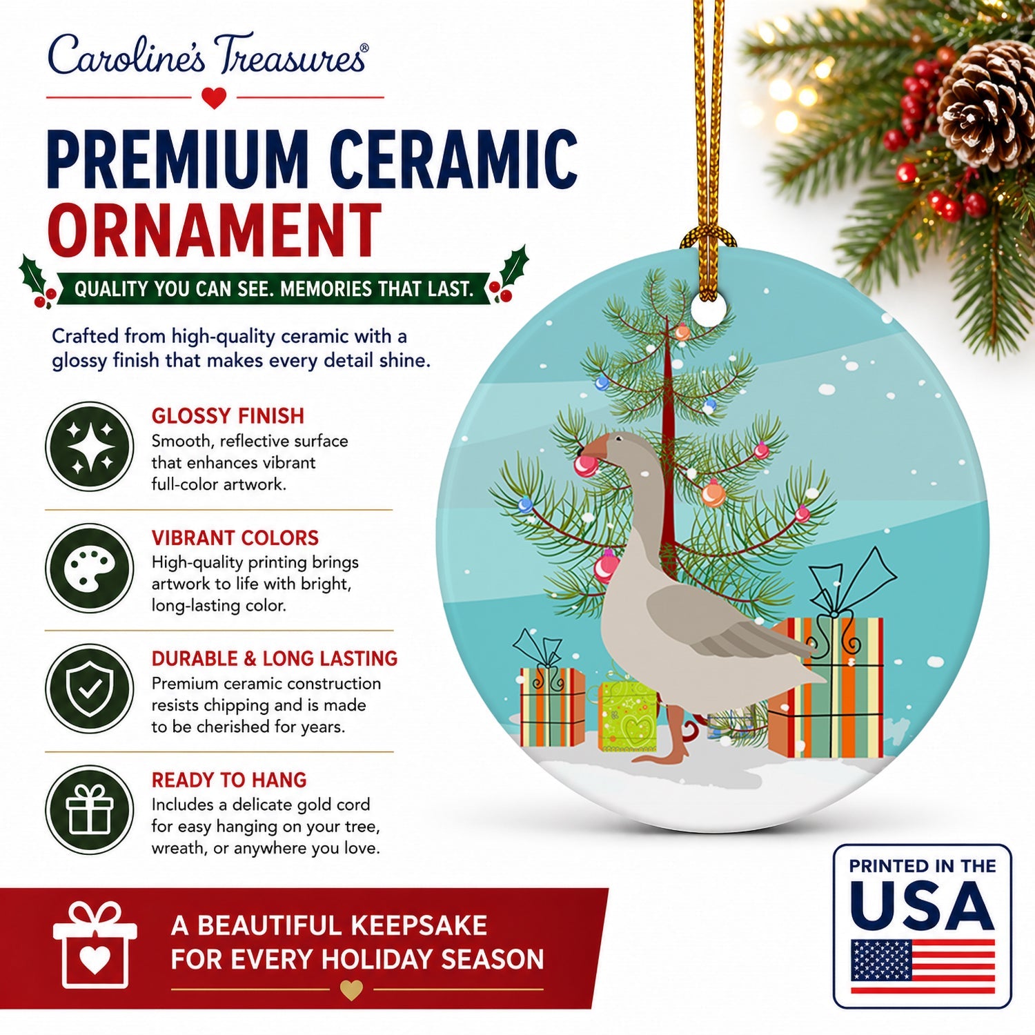 Steinbacher Goose Christmas Ceramic Ornament Christmas Tree Hanging Decorations for Home Christmas Holiday, Party, Gift, 3 in, Multicolor