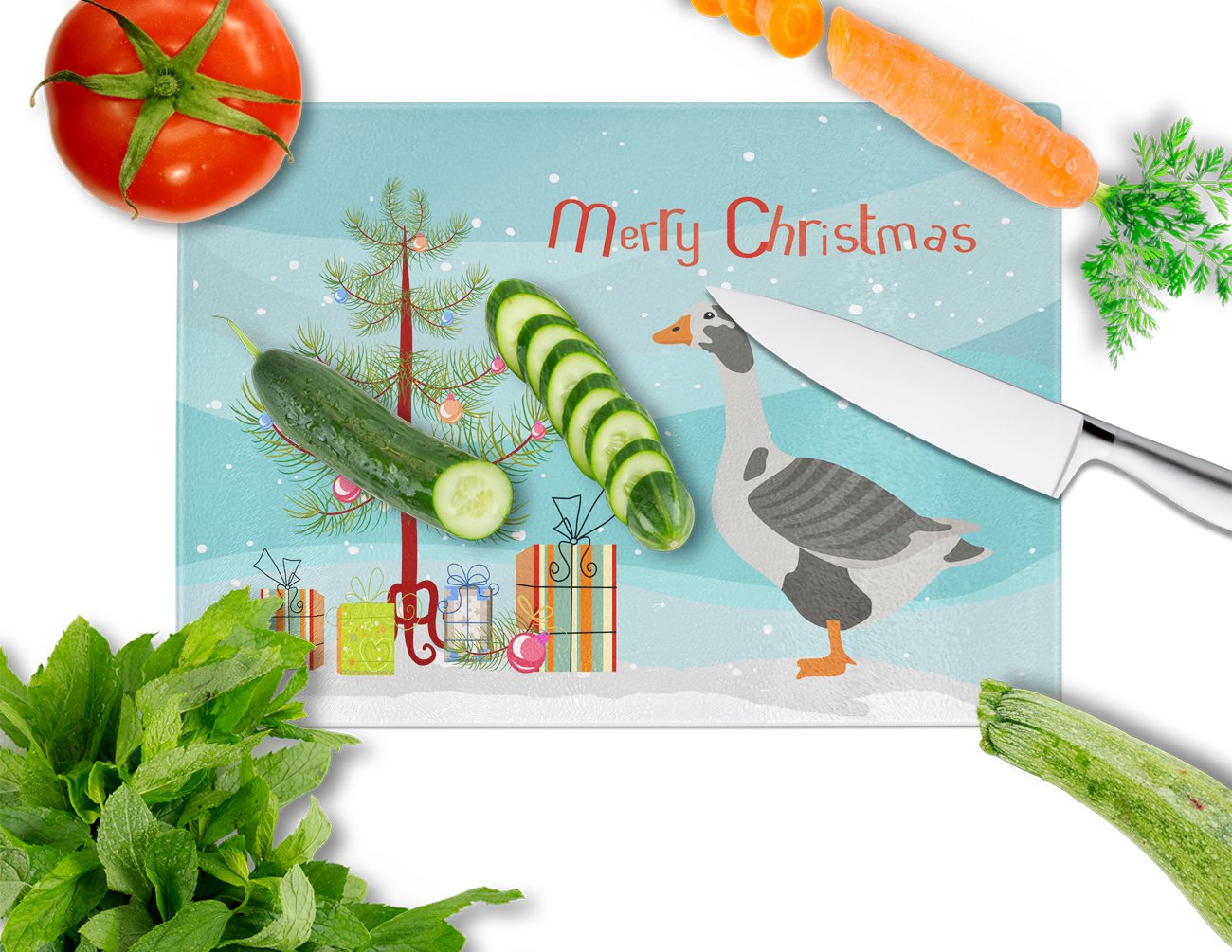 West of England Goose Christmas Cutting Board Tempered Glass Kitchen Cutting Surface, Heat Resistant Chopping, Non-Slip Feet, Food Prep & Serving