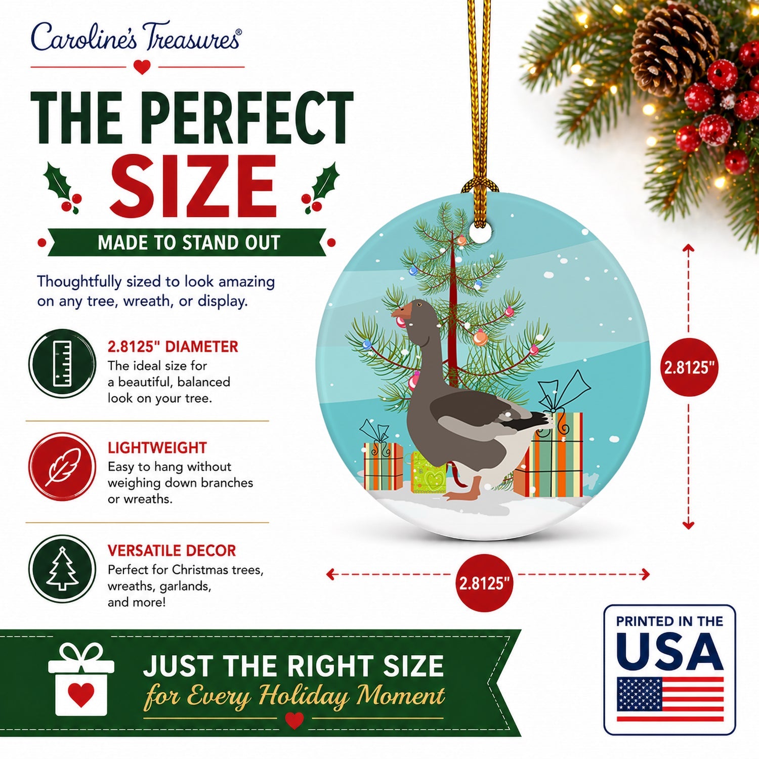 Toulouse Goose Christmas Ceramic Ornament Christmas Tree Hanging Decorations for Home Christmas Holiday, Party, Gift, 3 in, Multicolor