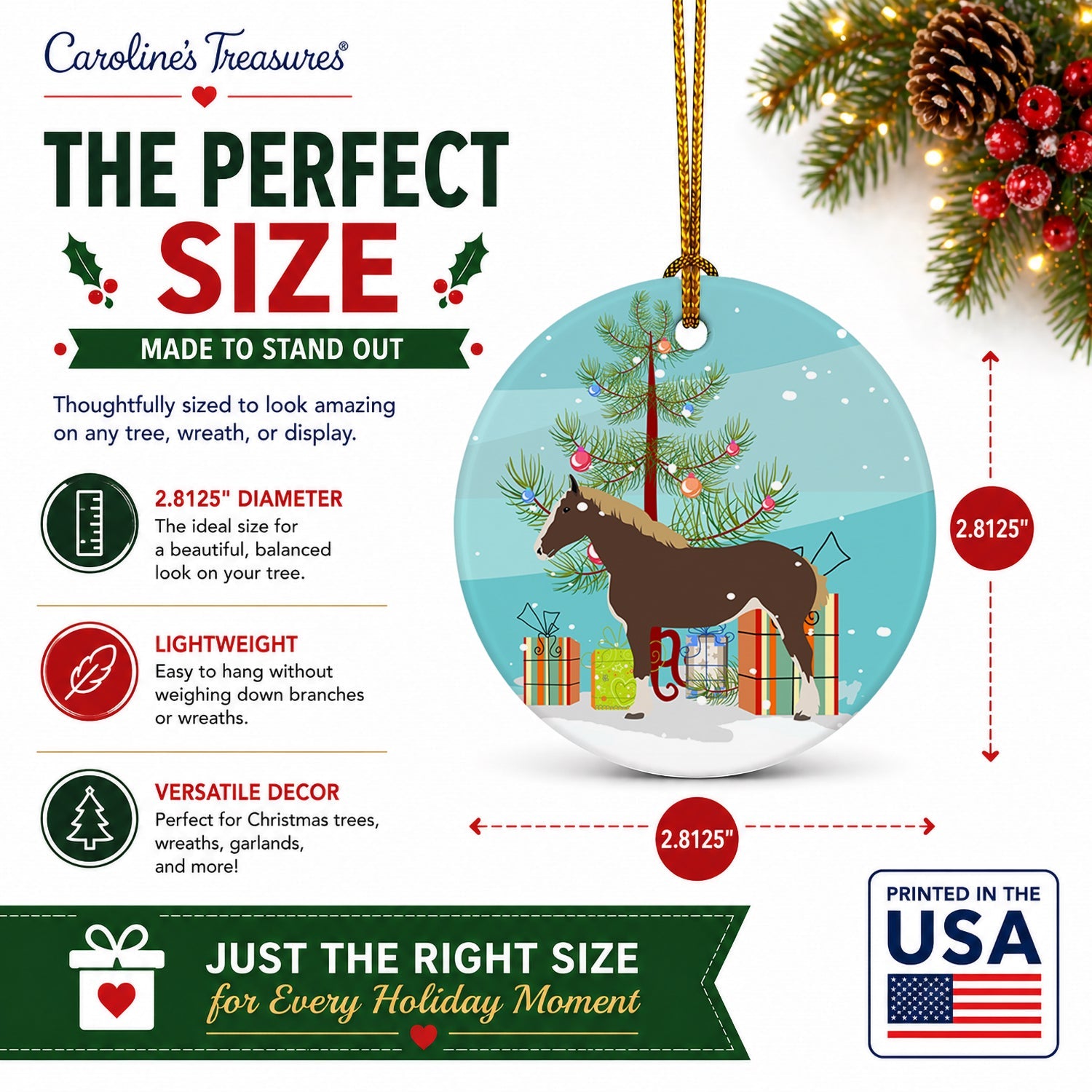 Percheron Horse Christmas Ceramic Ornament Christmas Tree Hanging Decorations for Home Christmas Holiday, Party, Gift, 3 in, Multicolor