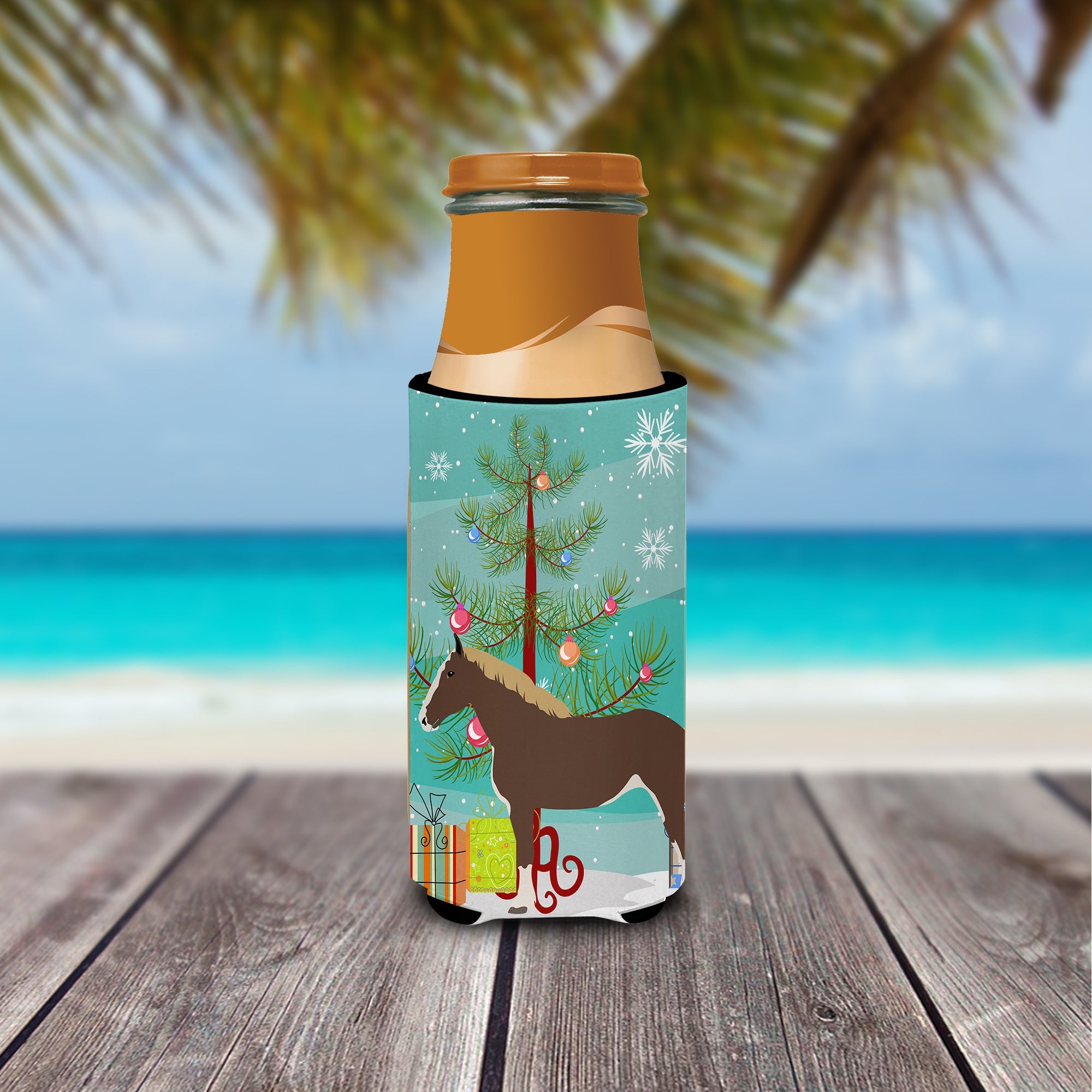Percheron Horse Christmas Slim Can Hugger , Insulated Foam Hugger for 12 oz Slim Cans, Beer Bottles & Water Bottles, Printed in USA