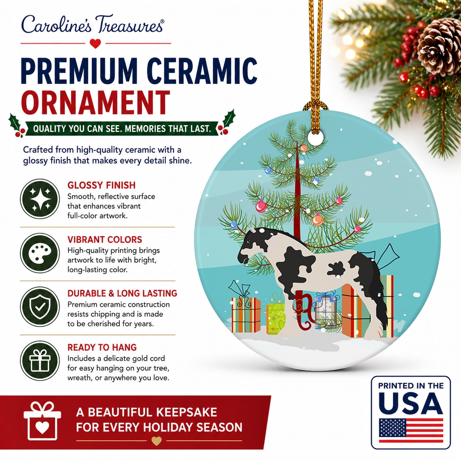 Cyldesdale Horse Christmas Ceramic Ornament Christmas Tree Hanging Decorations for Home Christmas Holiday, Party, Gift, 3 in, Multicolor