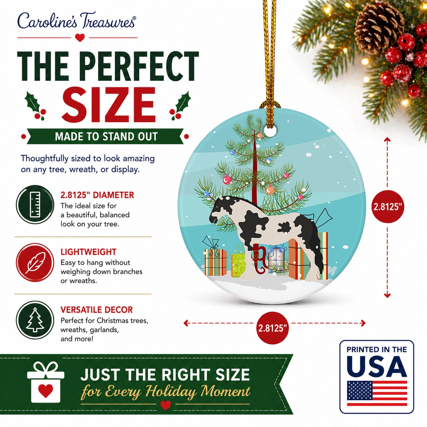 Cyldesdale Horse Christmas Ceramic Ornament Christmas Tree Hanging Decorations for Home Christmas Holiday, Party, Gift, 3 in, Multicolor