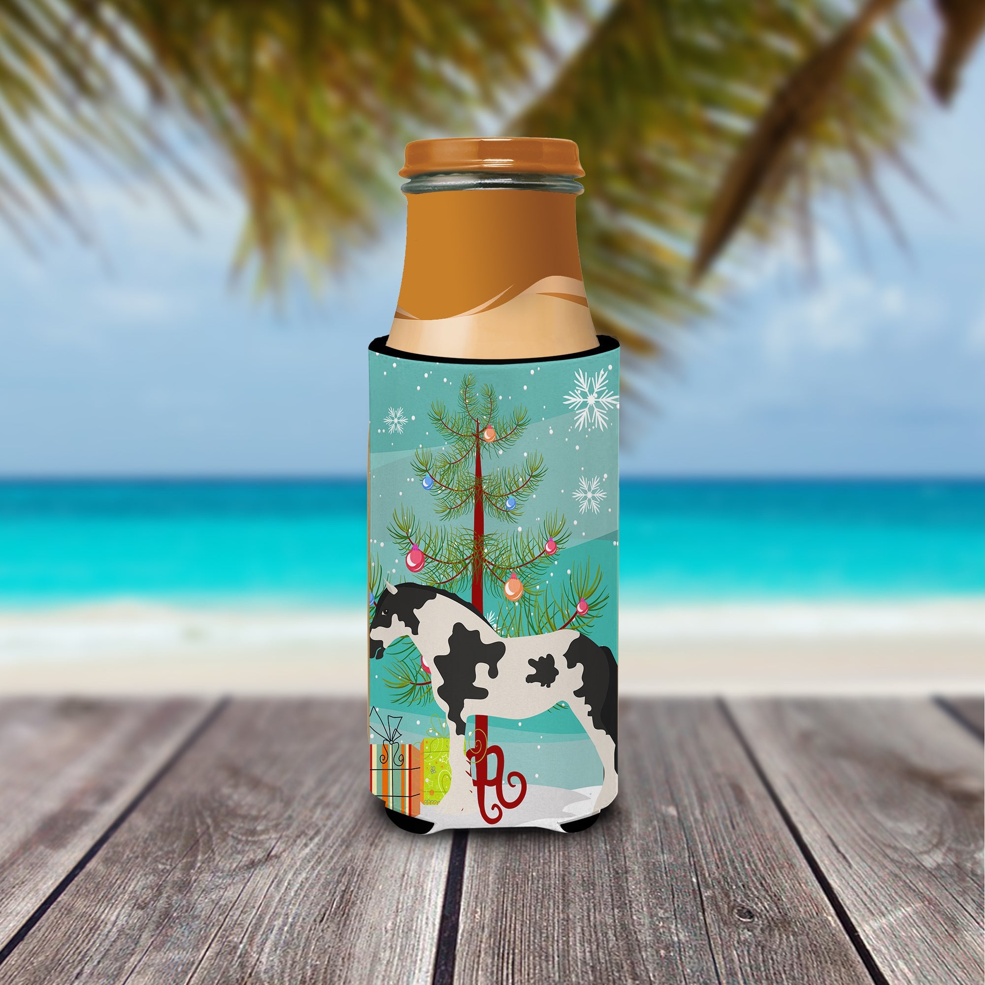 Cyldesdale Horse Christmas Slim Can Hugger , Insulated Foam Hugger for 12 oz Slim Cans, Beer Bottles & Water Bottles, Printed in USA