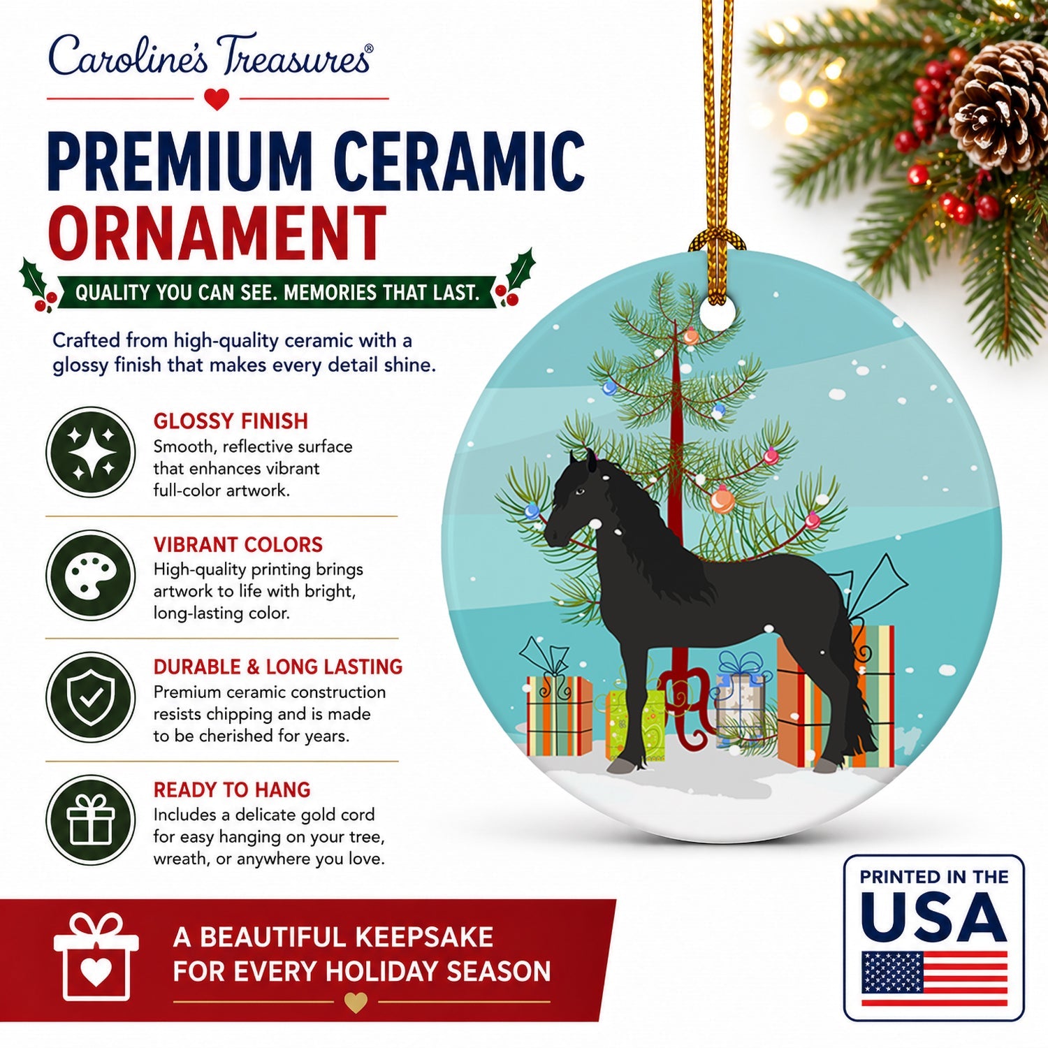 Friesian Horse Christmas Ceramic Ornament Christmas Tree Hanging Decorations for Home Christmas Holiday, Party, Gift, 3 in, Multicolor