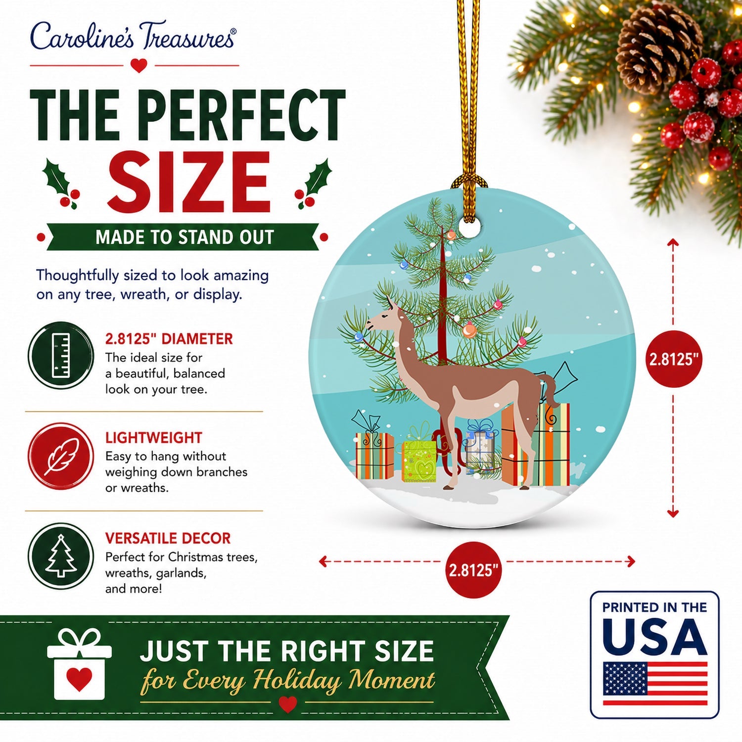 Guanaco Christmas Ceramic Ornament Christmas Tree Hanging Decorations for Home Christmas Holiday, Party, Gift, 3 in, Multicolor