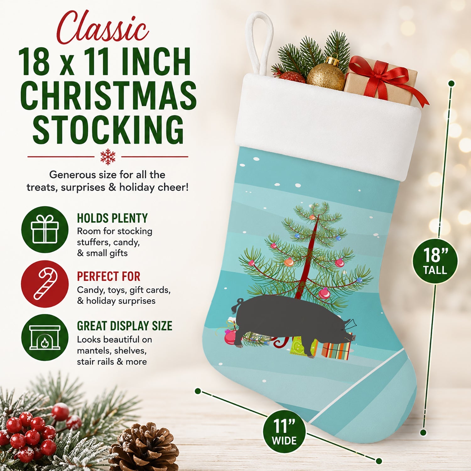 Berkshire Pig Christmas Holiday Stocking Double-Sided Print, Polyester Suede,11x18, Made in USA