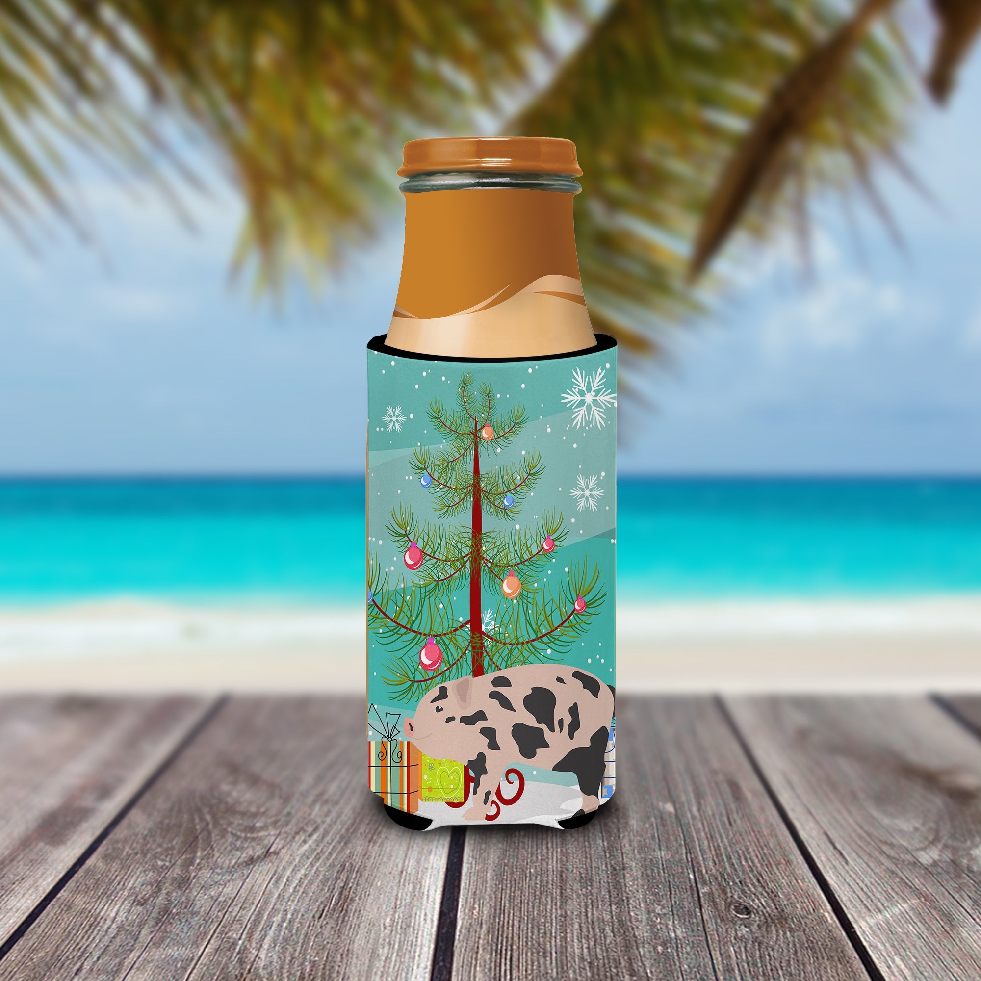 Mini Miniature Pig Christmas Slim Can Hugger , Insulated Foam Hugger for 12 oz Slim Cans, Beer Bottles & Water Bottles, Printed in USA