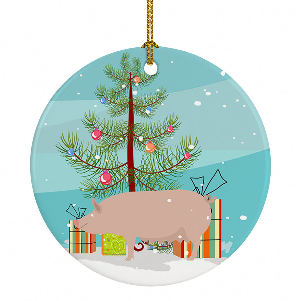 English Large White Pig Christmas Ceramic Ornament Christmas Tree Hanging Decorations for Home Christmas Holiday, Party, Gift, 3 in, Multicolor