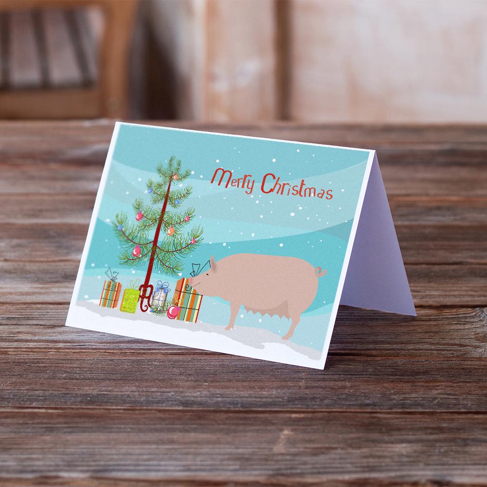 English Large White Pig Christmas Greeting Cards Pack of 8 Blank Cards with Envelopes Whimsical A7 Size 5x7