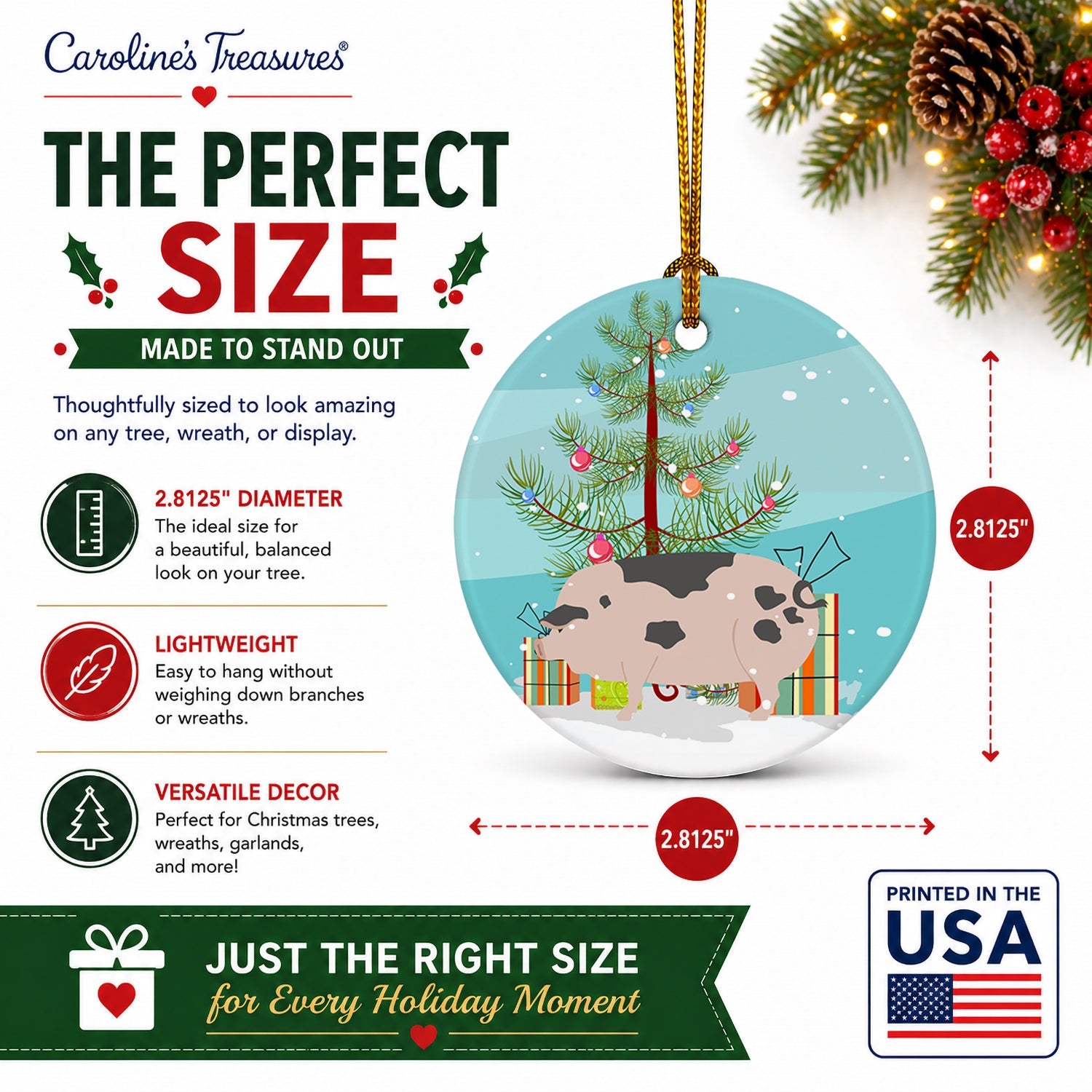 Gloucester Old Spot Pig Christmas Ceramic Ornament Christmas Tree Hanging Decorations for Home Christmas Holiday, Party, Gift, 3 in, Multicolor