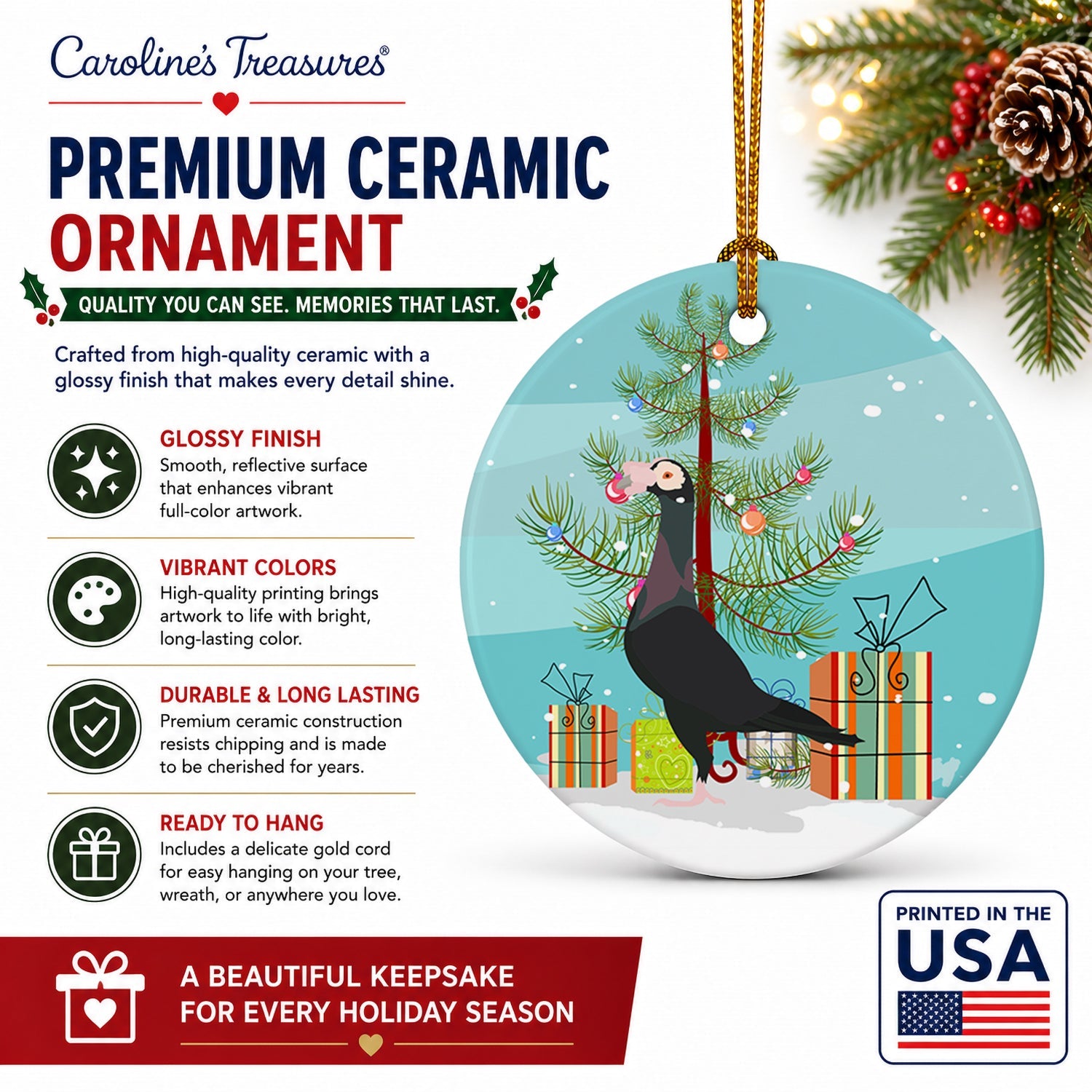 English Carrier Pigeon Christmas Ceramic Ornament Christmas Tree Hanging Decorations for Home Christmas Holiday, Party, Gift, 3 in, Multicolor