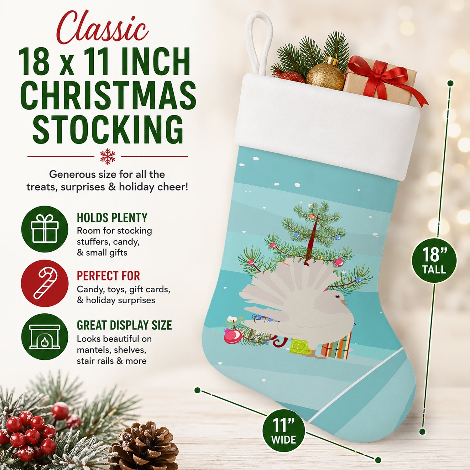 Silver Fantail Pigeon Christmas Holiday Stocking Double-Sided Print, Polyester Suede,11x18, Made in USA