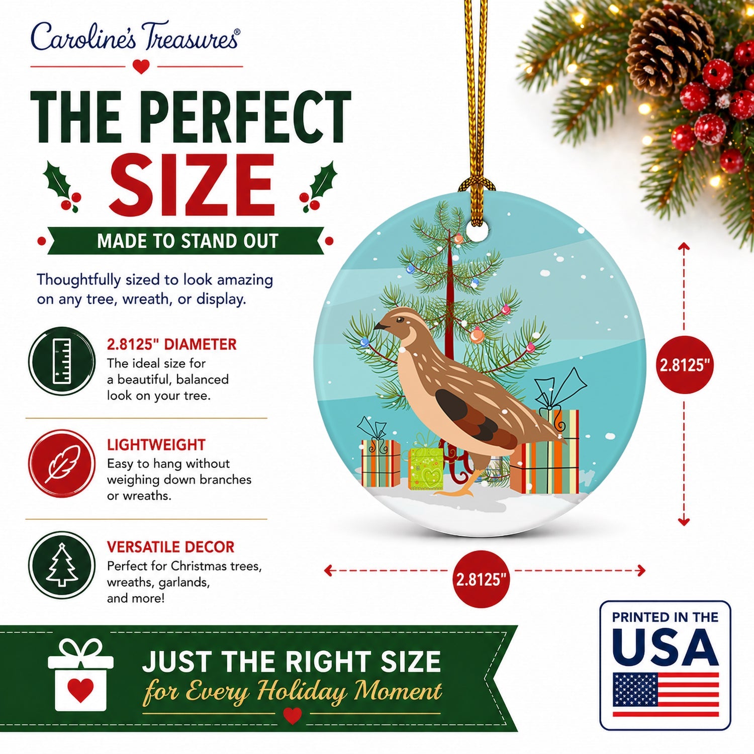 Golden Phoenix Quail Christmas Ceramic Ornament Christmas Tree Hanging Decorations for Home Christmas Holiday, Party, Gift, 3 in, Multicolor