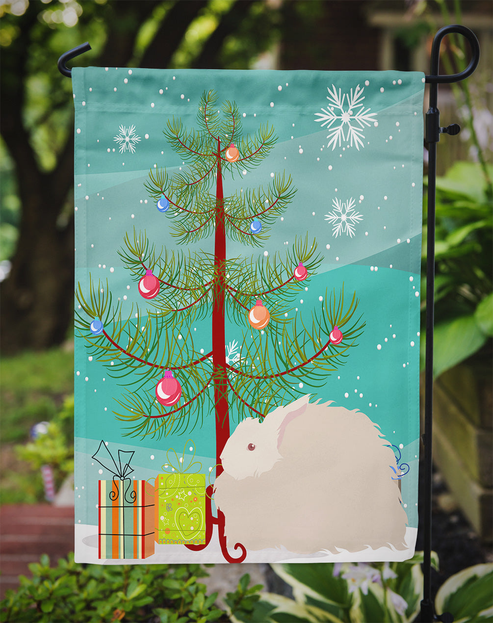 Fluffy Angora Rabbit Christmas Garden Flag Mailbox Decorative Yard Banner Outside Patio Artwork for Flower Beds, Garden Size, Multicolor