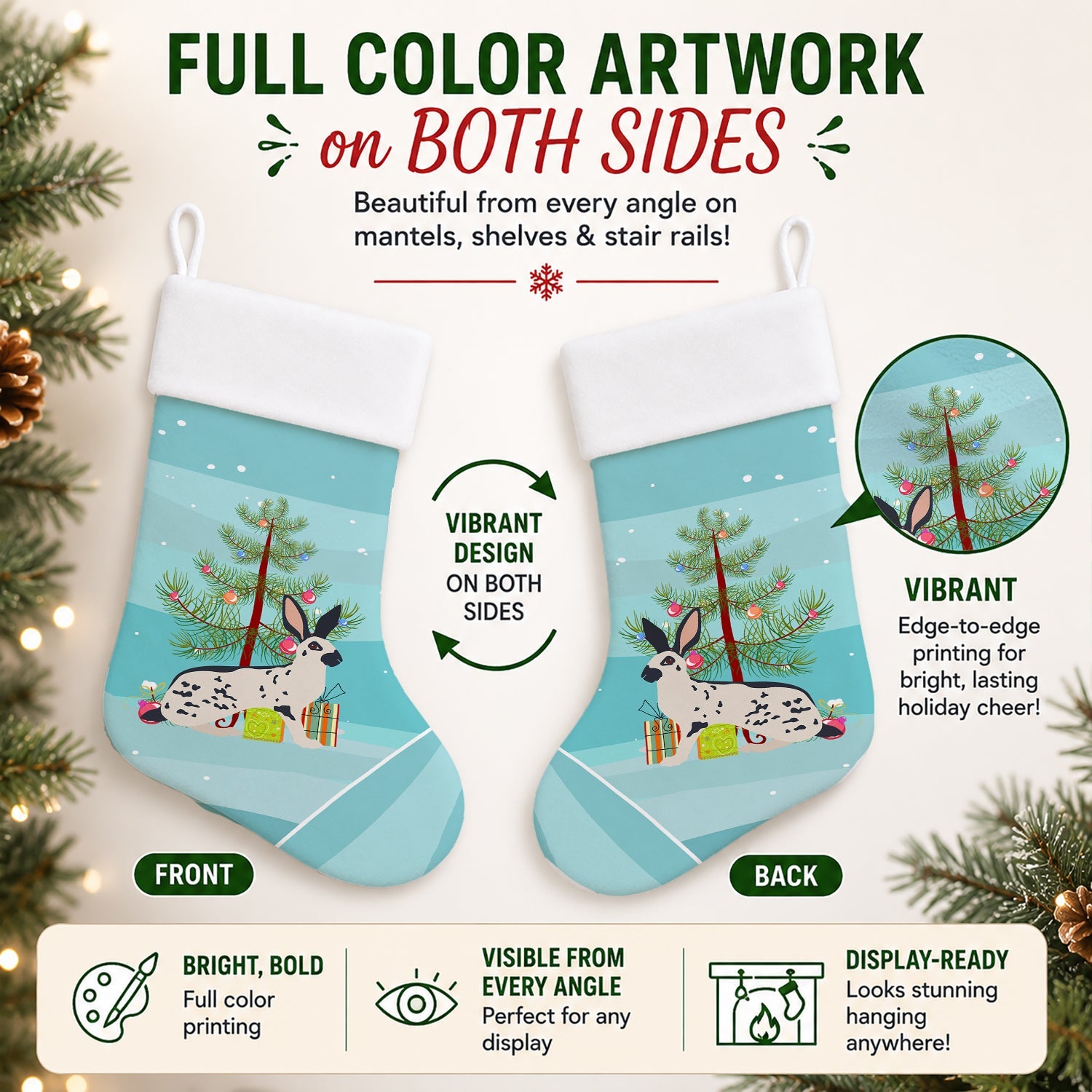 English Spot Rabbit Christmas Holiday Stocking Double-Sided Print, Polyester Suede,11x18, Made in USA