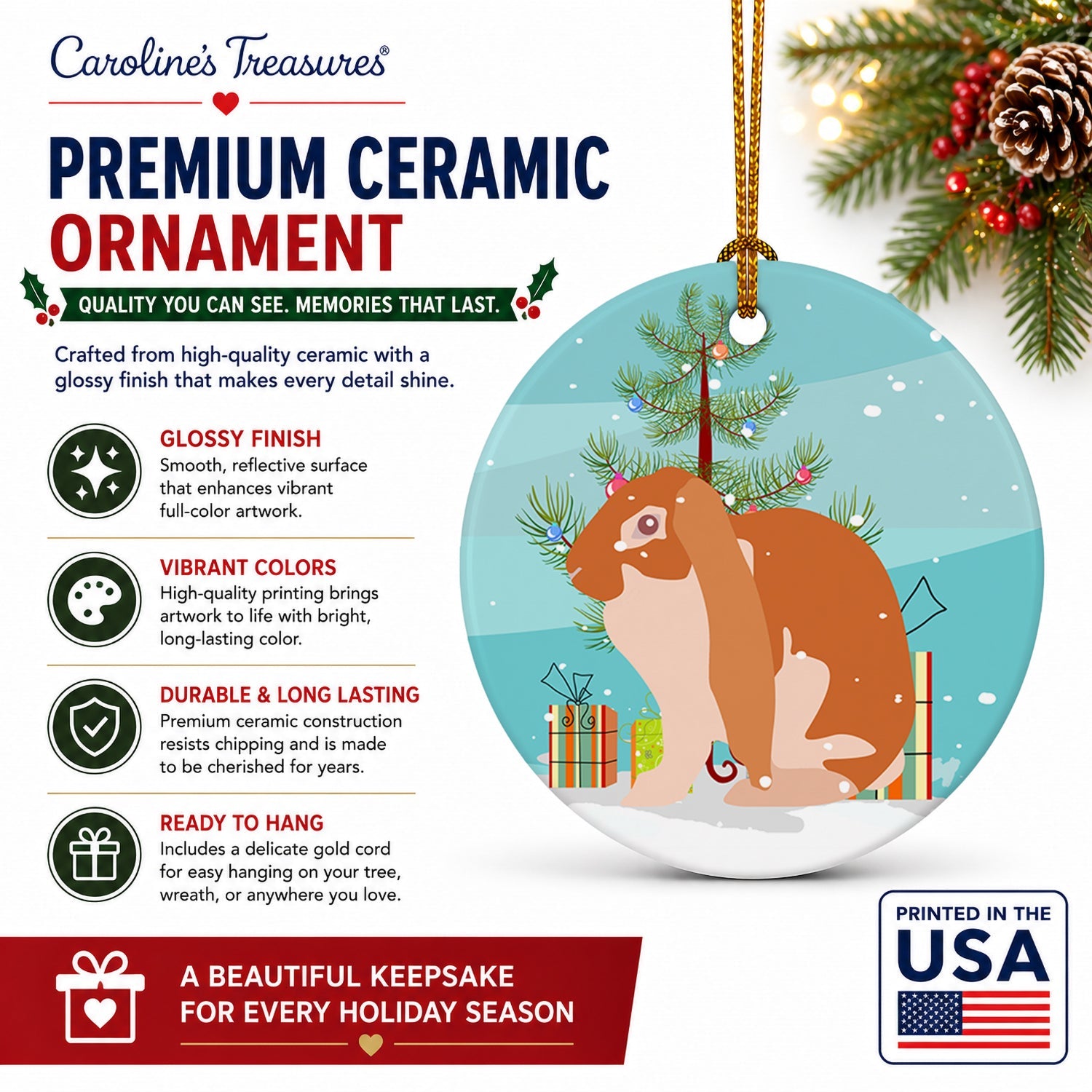 English Lop Rabbit Christmas Ceramic Ornament Christmas Tree Hanging Decorations for Home Christmas Holiday, Party, Gift, 3 in, Multicolor