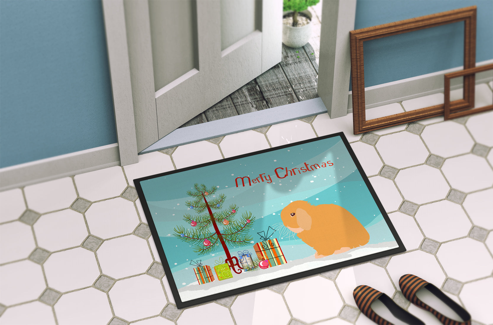 Holland Lop Rabbit Christmas Doormat Indoor Outdoor 18H X 27W Front Door Mat Rugs for Entryway, Non Slip Washable