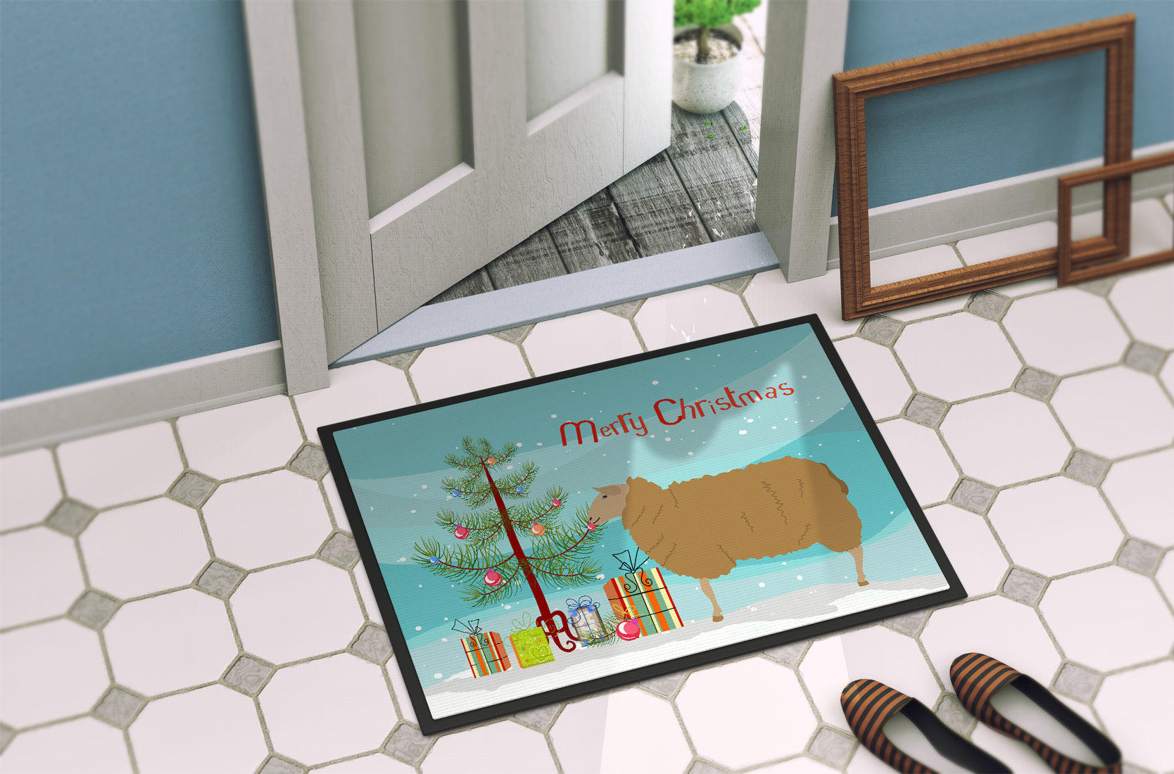 East Friesian Sheep Christmas Doormat Indoor Outdoor 18H X 27W Front Door Mat Rugs for Entryway, Non Slip Washable