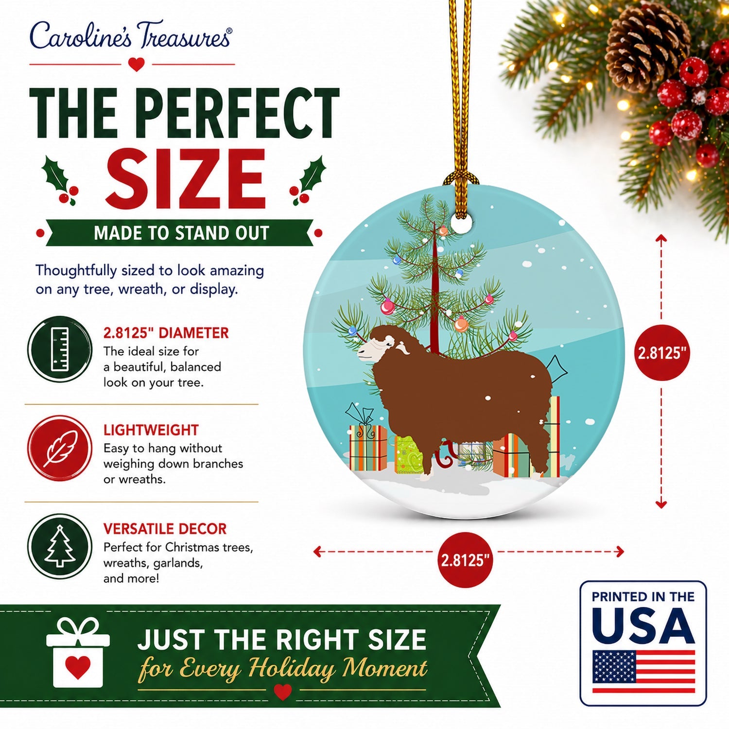 Merino Sheep Christmas Ceramic Ornament Christmas Tree Hanging Decorations for Home Christmas Holiday, Party, Gift, 3 in, Multicolor